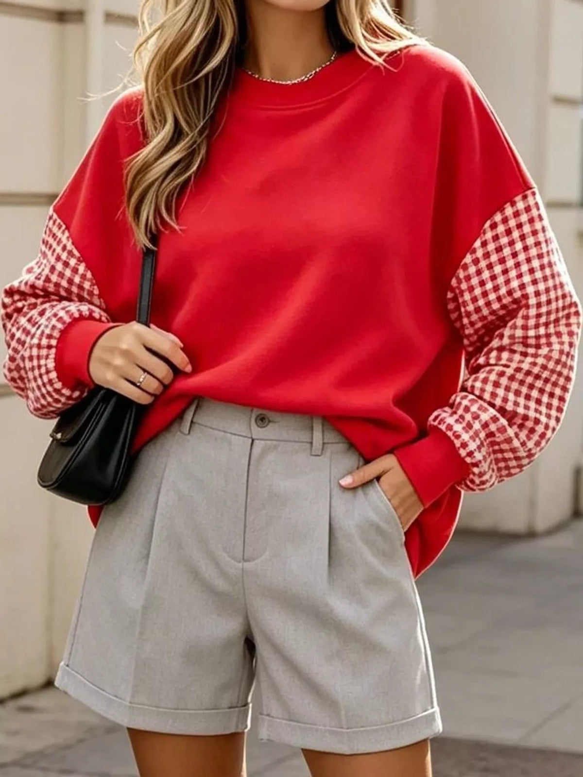 Red and white gingham sleeve dropped shoulder sweatshirt, front view