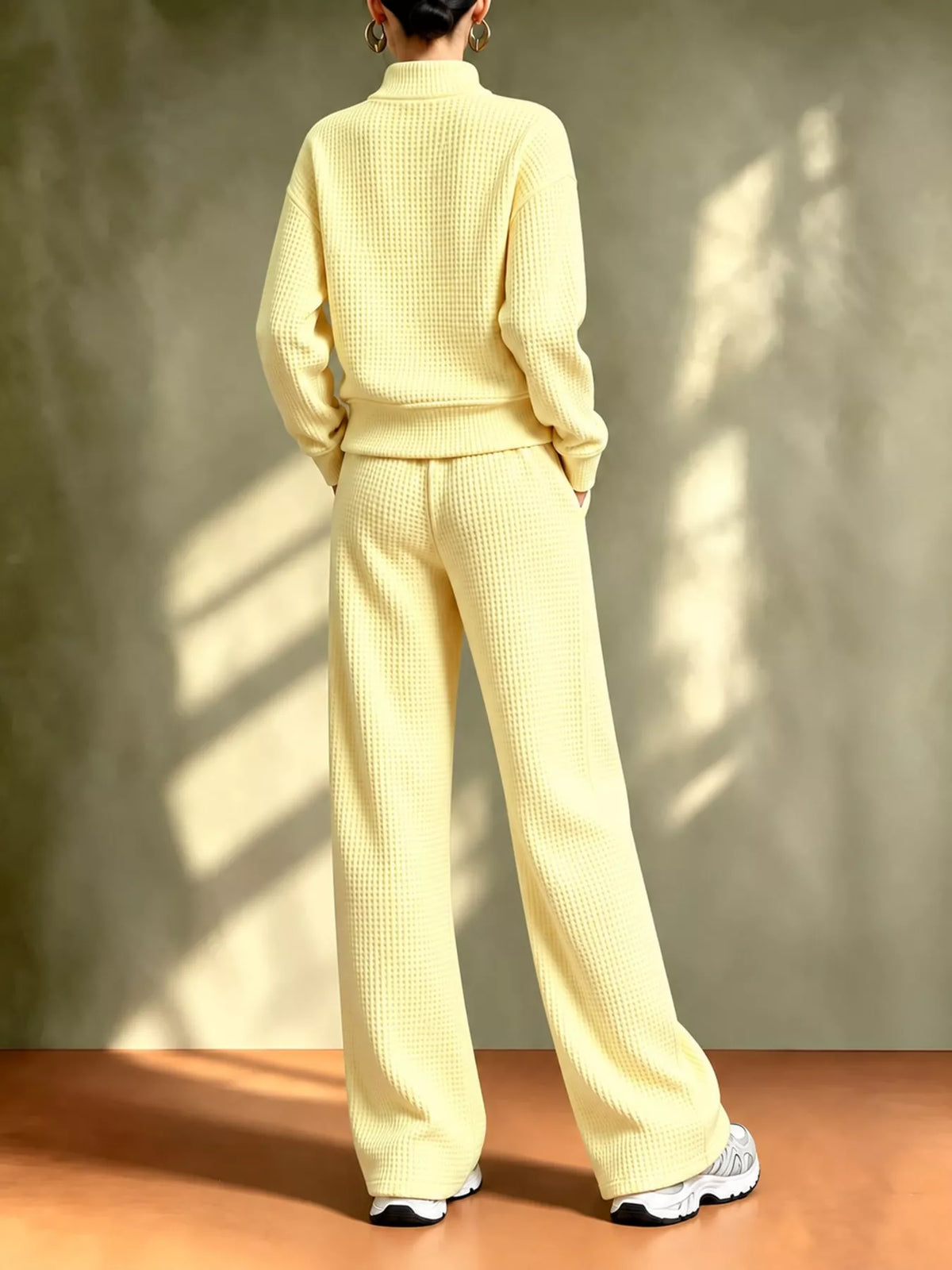 Yellow waffle knit button-up outerwear and wide-leg pants set, back view