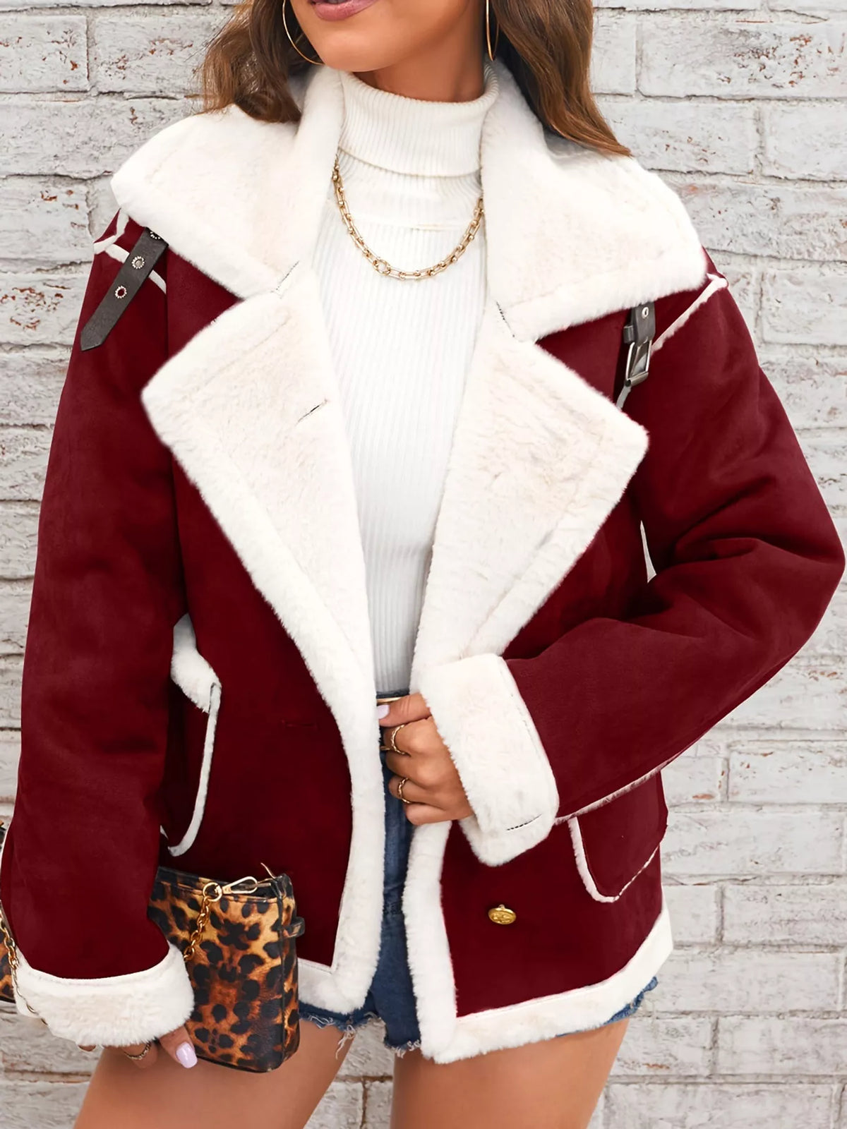 Burgundy plush-lined button-front jacket — front view