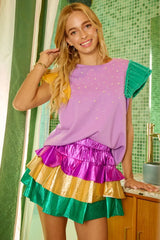 Trendsi BiBi Mardi Gras Color Block Metallic Tiered Skirt -