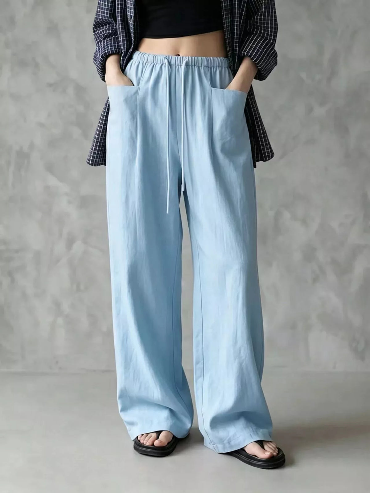 Women's Drawstring Wide-Leg Casual Pants in light blue — front view