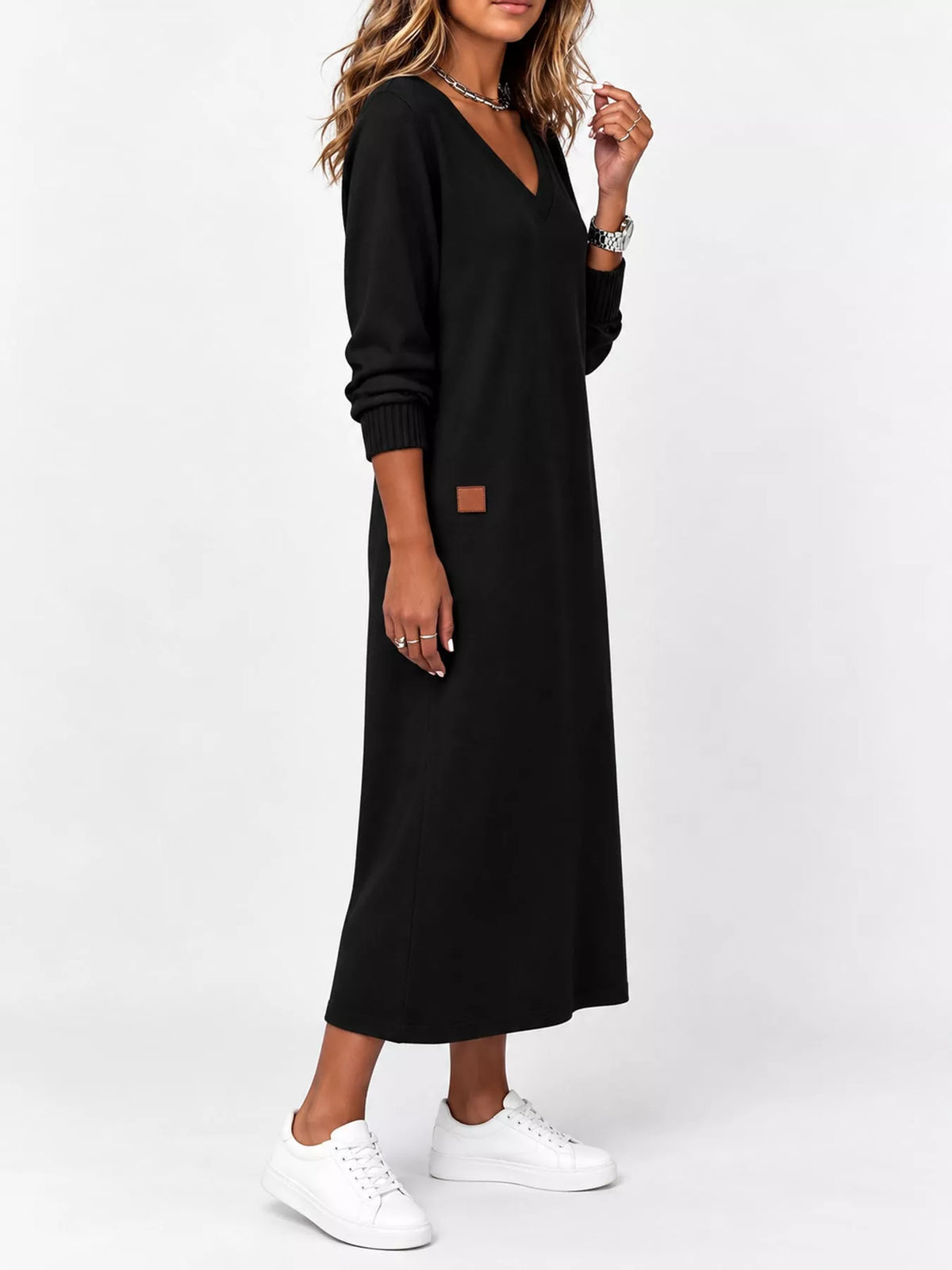 Women's V-Neck Long Sleeve Midi Dress in black — side view