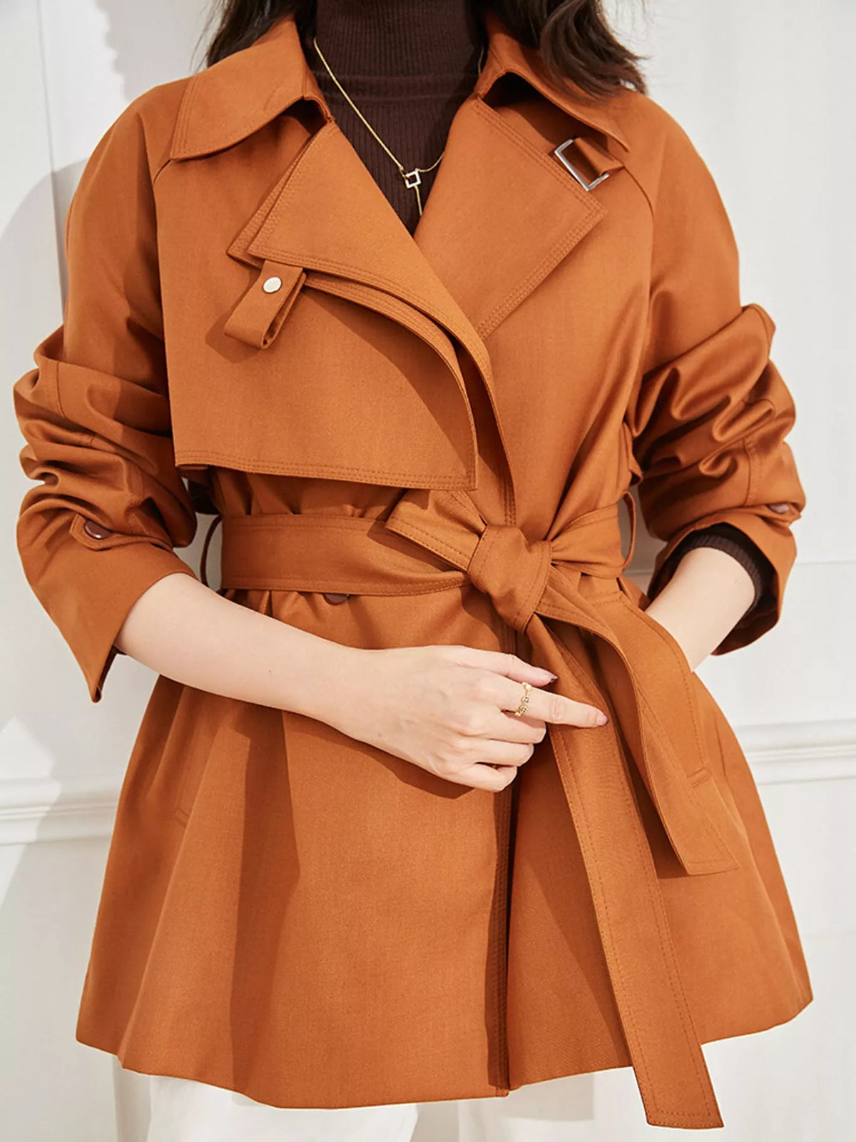 Double-Breasted Tie Waist Trench Coat, detail view in orange
