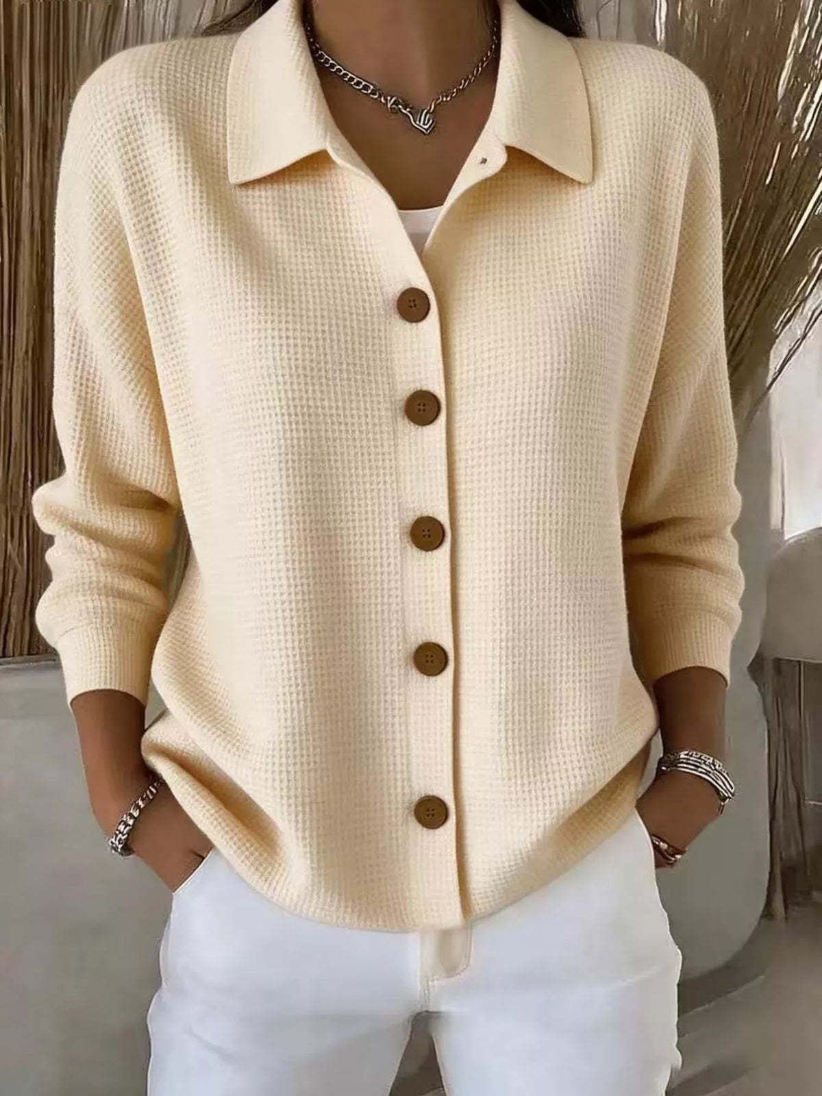 Waffle Knit Button-Down Shirt — front view