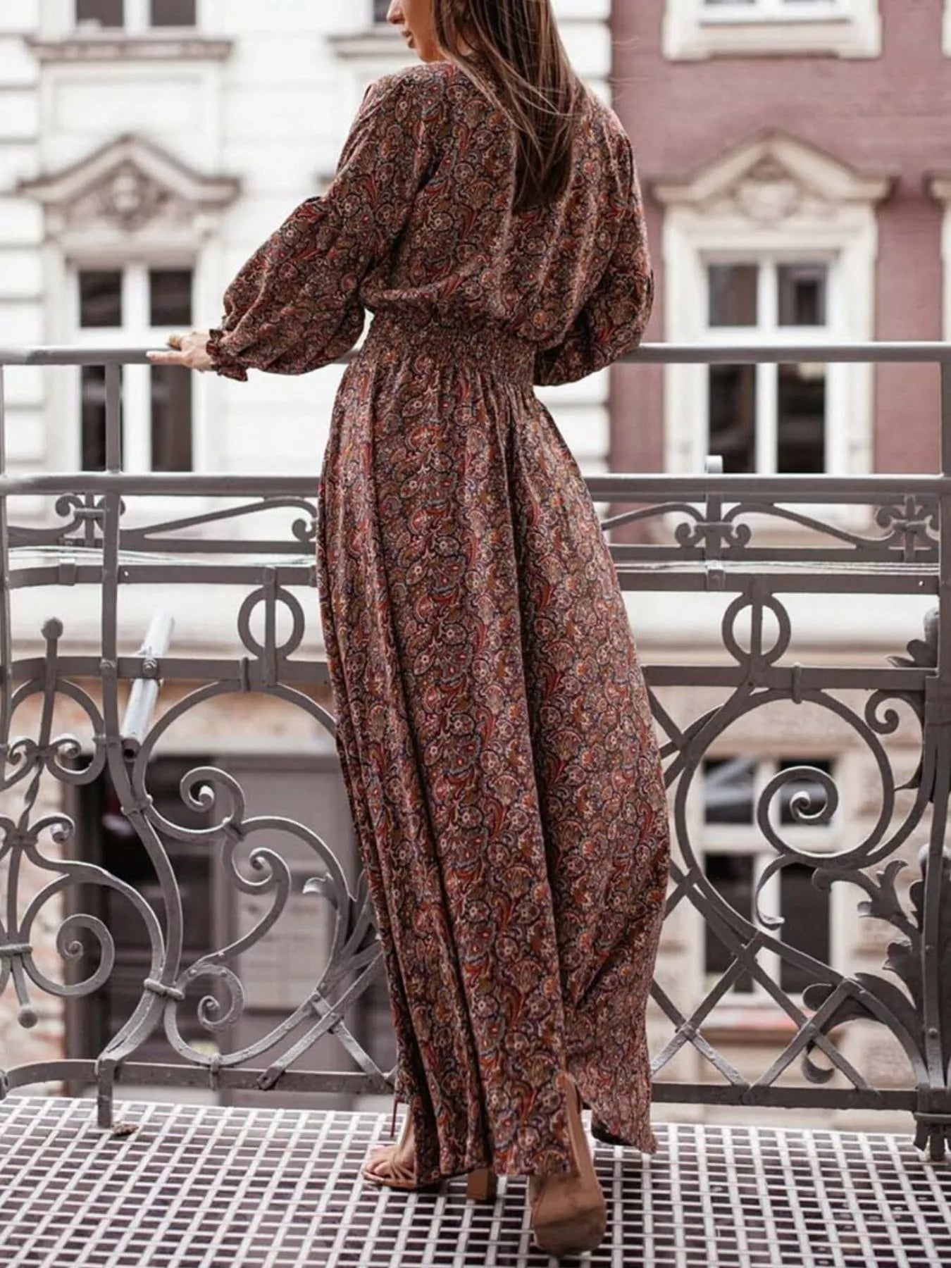 Trendsi Bohemian Printed Maxi Dress with Plunging Neckline -