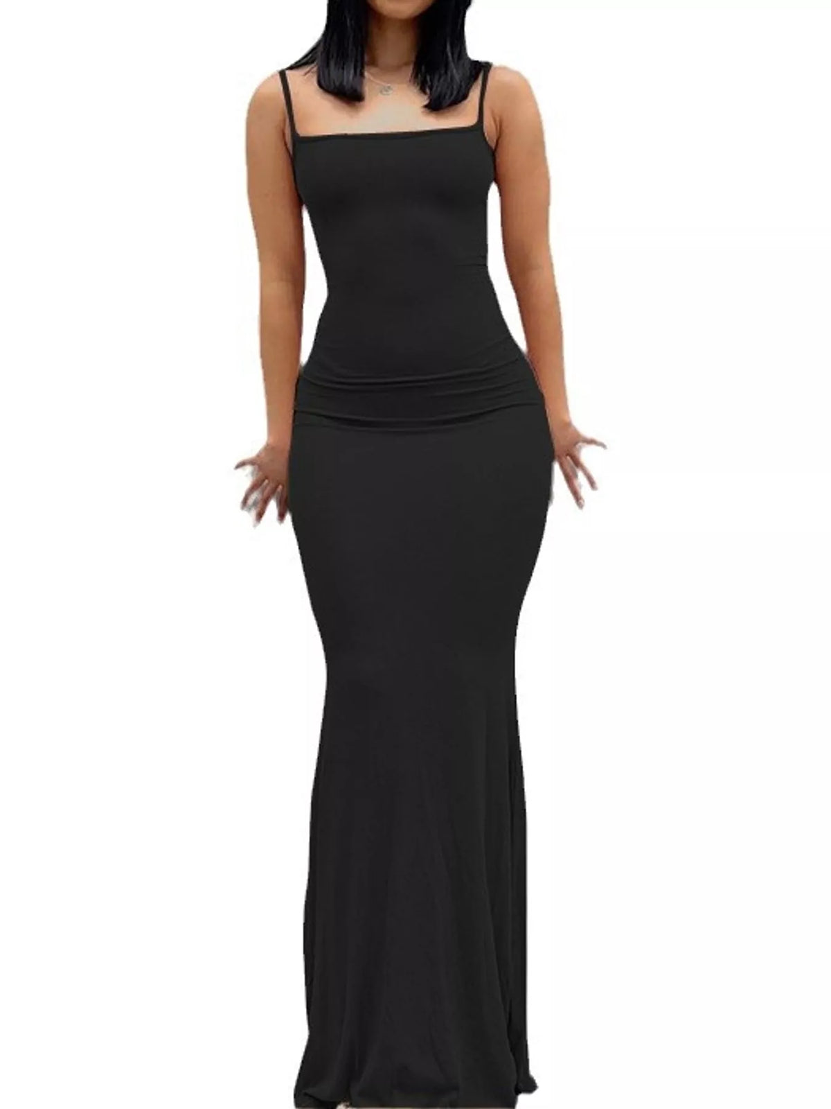 Black bodycon spaghetti strap maxi dress, front view