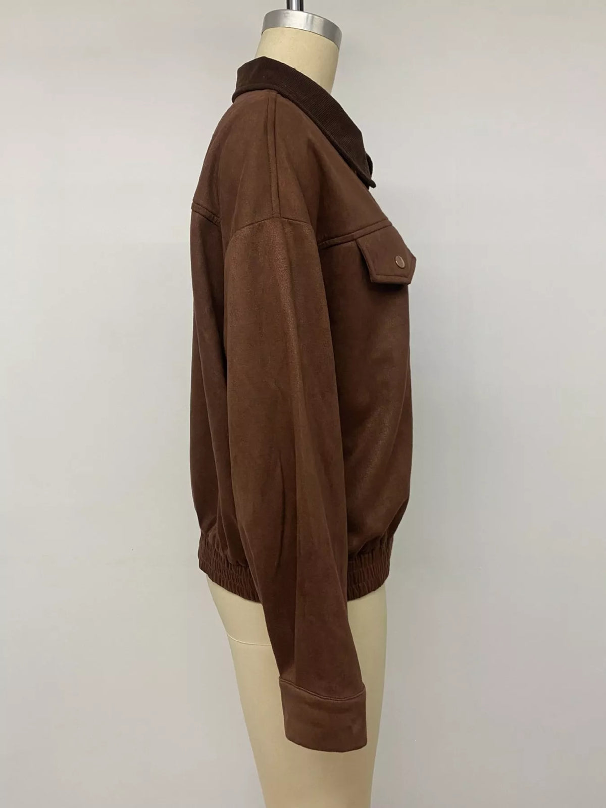 Brown zip-up dropped shoulder jacket — side view