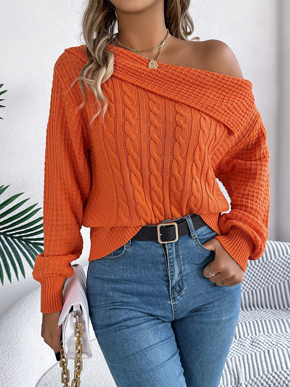 One Shoulder Cable Knit Sweater in orange, front view