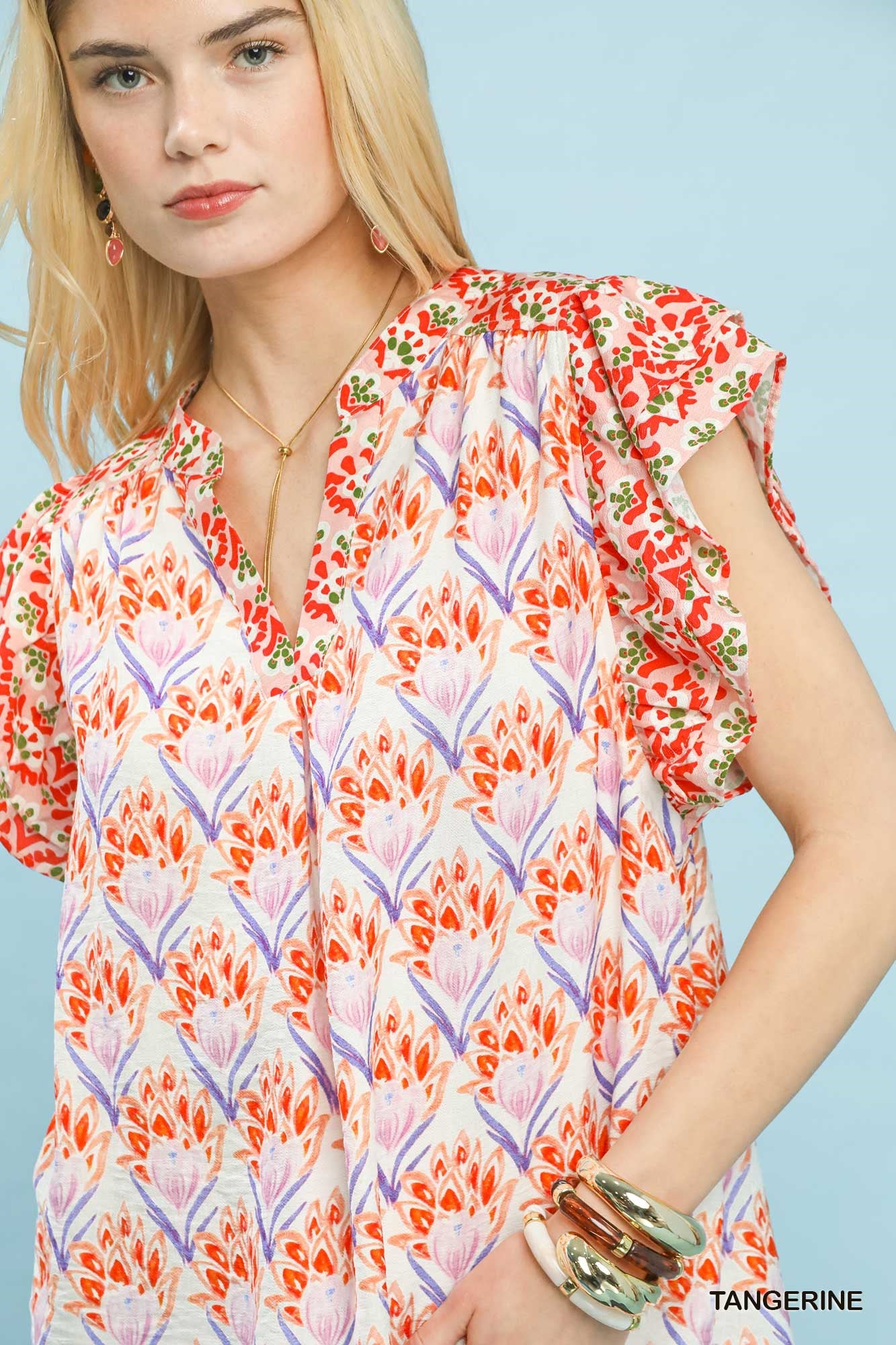 Women's Floral V-Neck Blouse With Double Frill Sleeves — product view 5