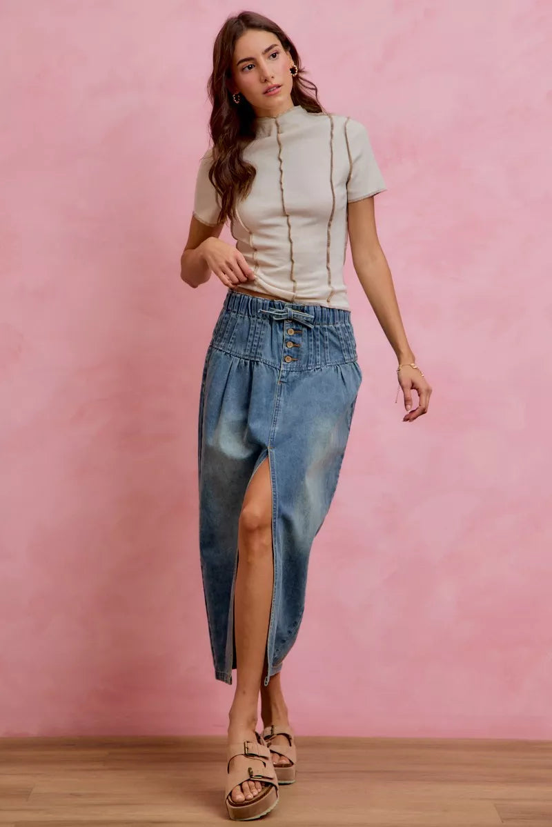 Women's High-Waisted Pleated Denim Maxi Skirt With Front Slit — product view 5