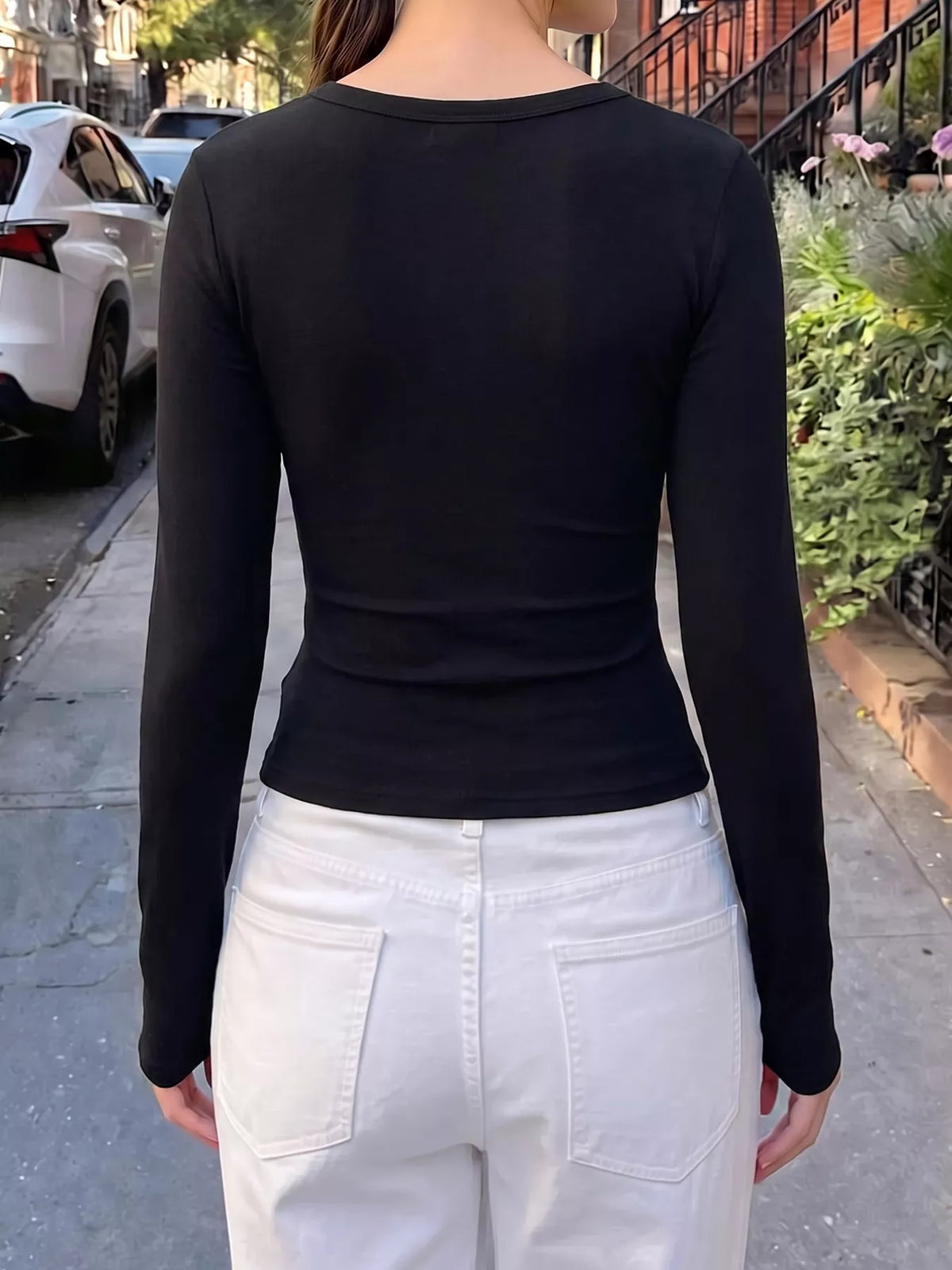 Floral Sequin Long Sleeve Slim-fit T-Shirt, back view