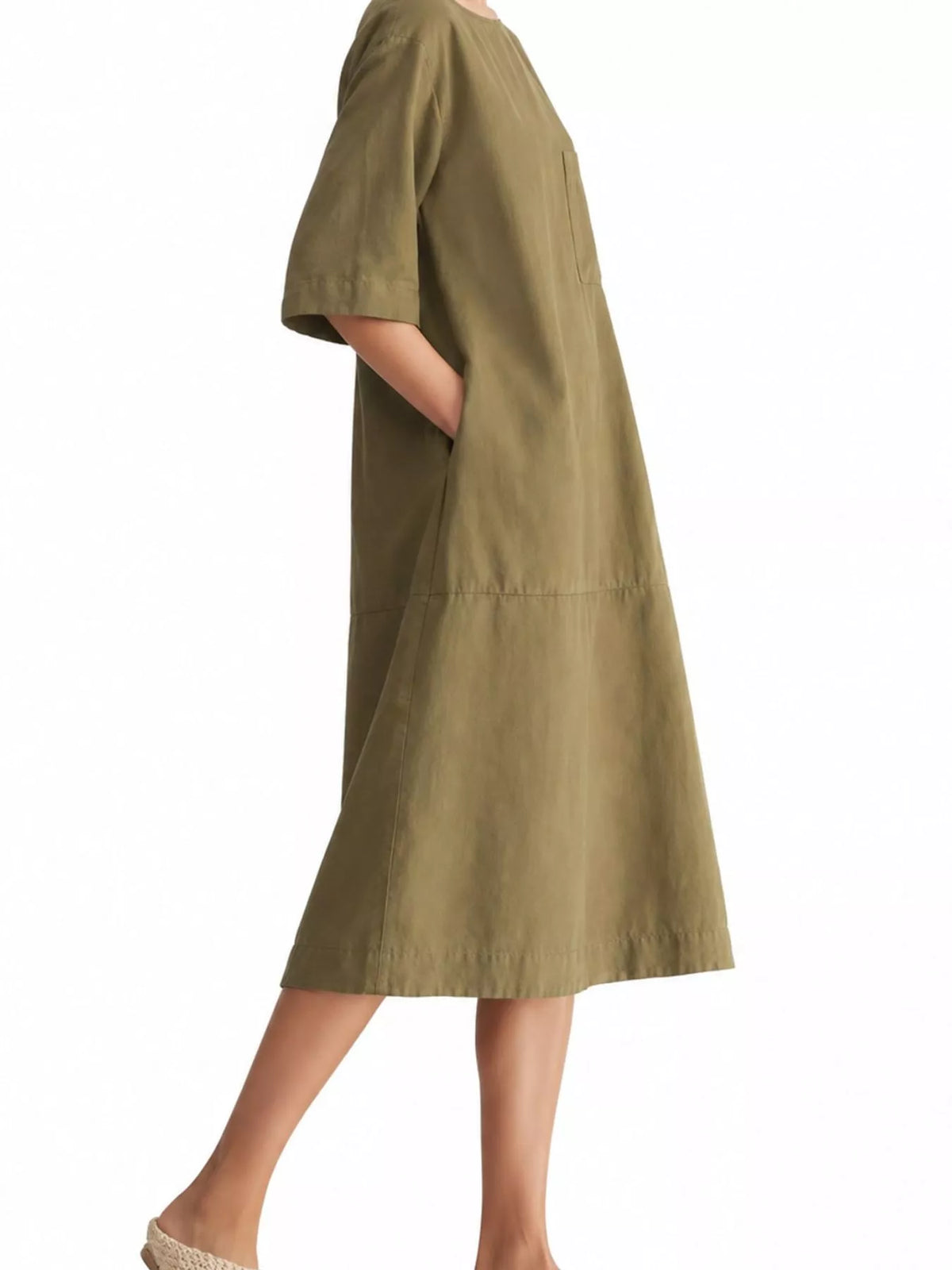 Boat neck short sleeve midi dress, side view