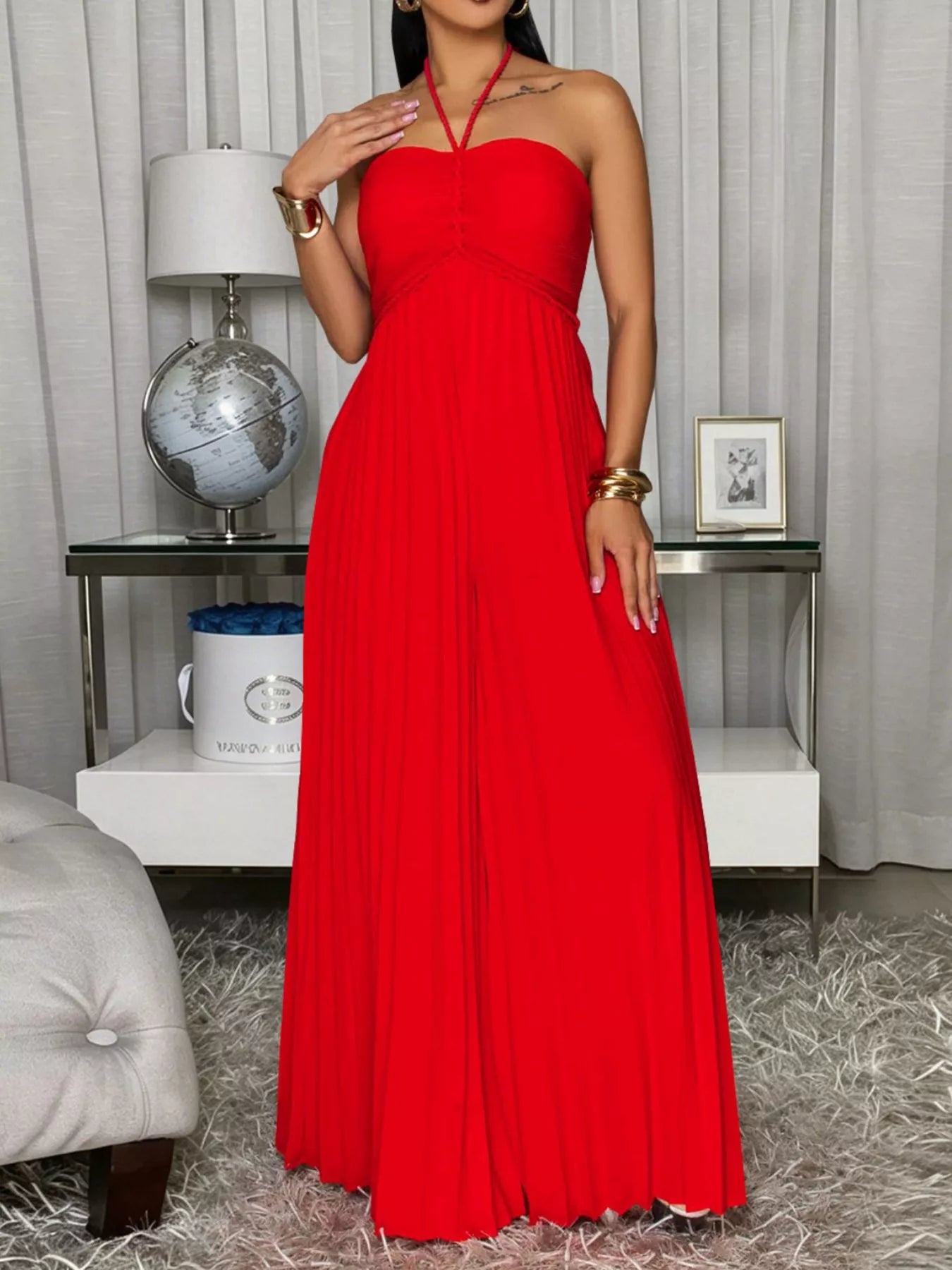 Trendsi Pleated Halter Neck Wide Leg Jumpsuit -