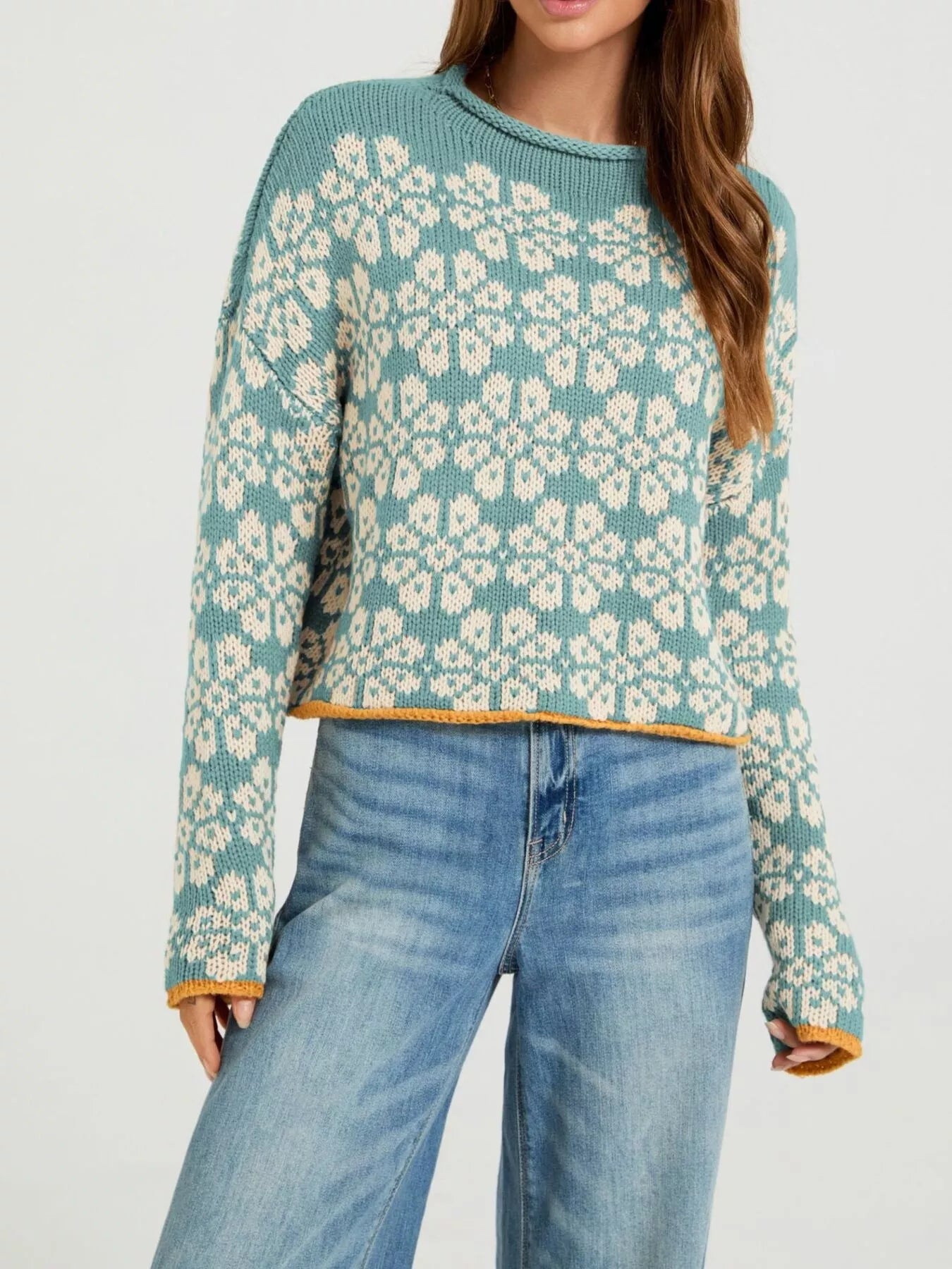 Trendsi Floral Contrast Trim Dropped Shoulder Sweater -