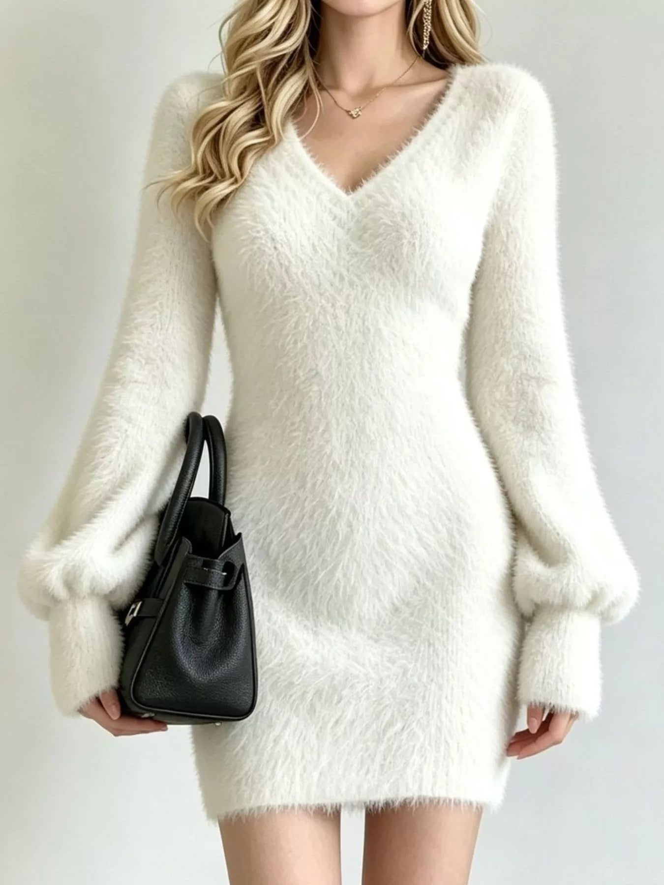 Trendsi V-Neck Fuzzy Knit Sweater Dress -