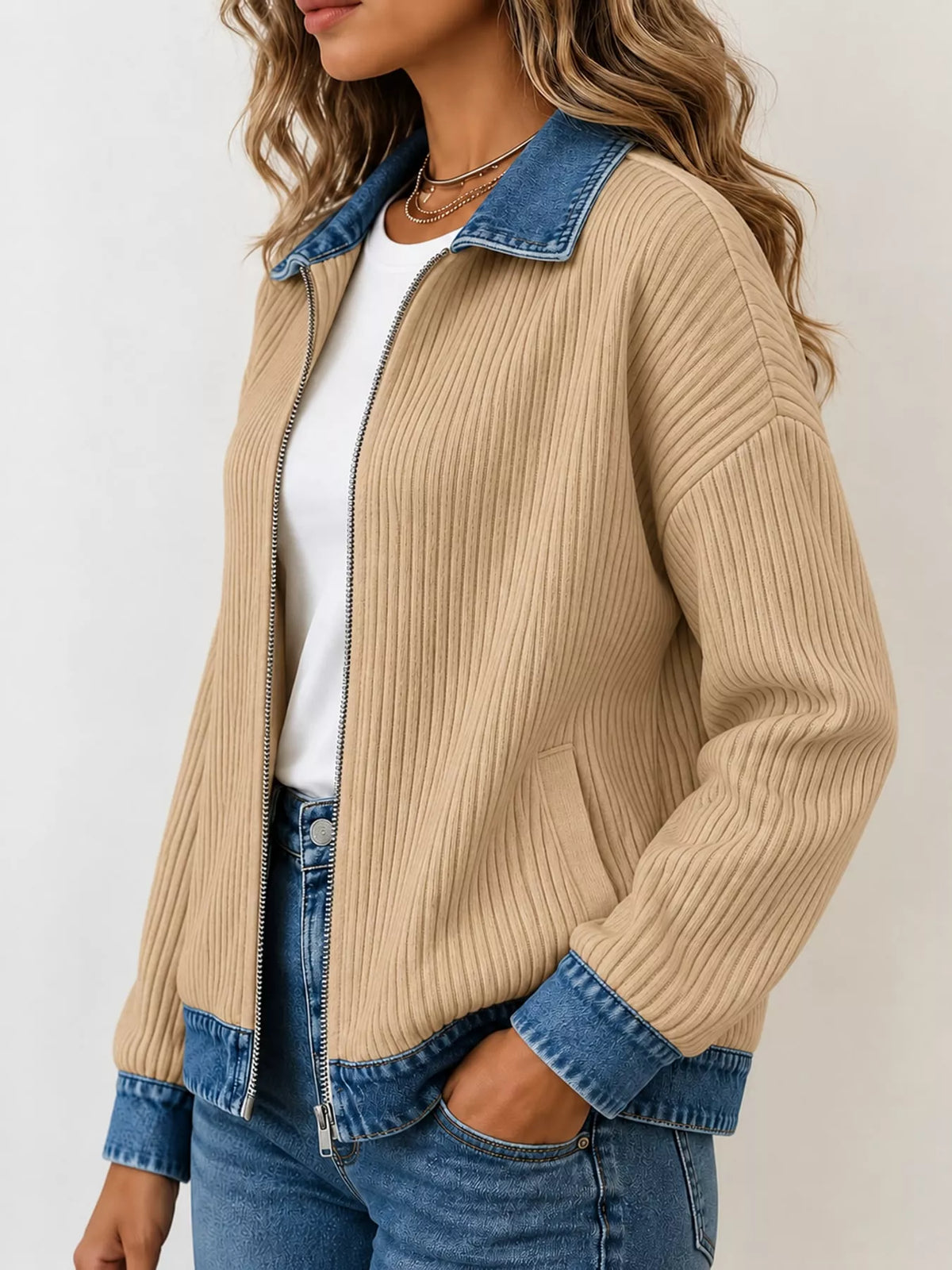 Tan denim-collar ribbed knit zip-up jacket — side view