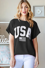 Trendsi Women’s USA Graphic Ribbed Short Sleeve Polyester Shirt Plus Size - Shirts