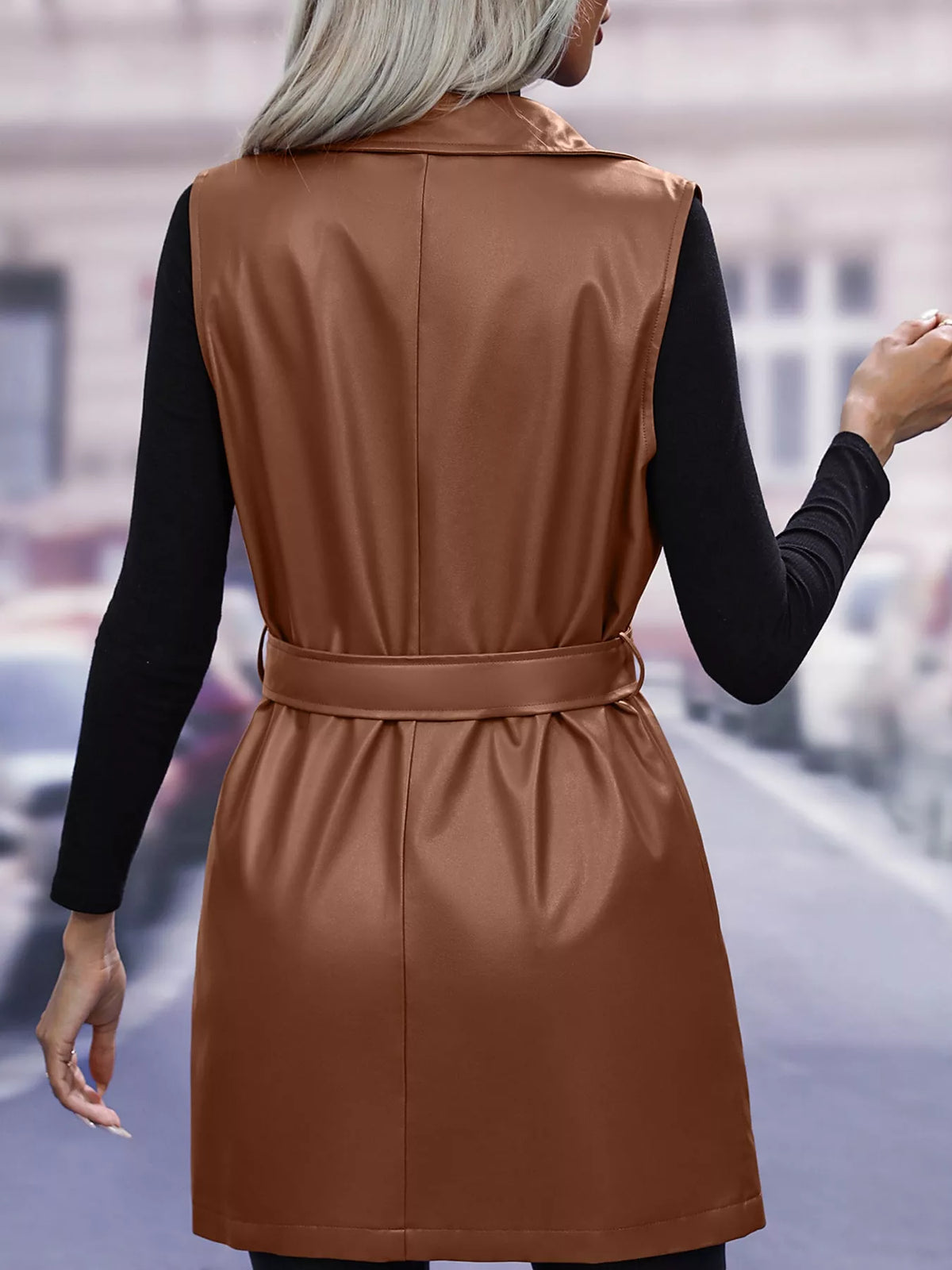 Tie Waist Longline Vest in brown, back view
