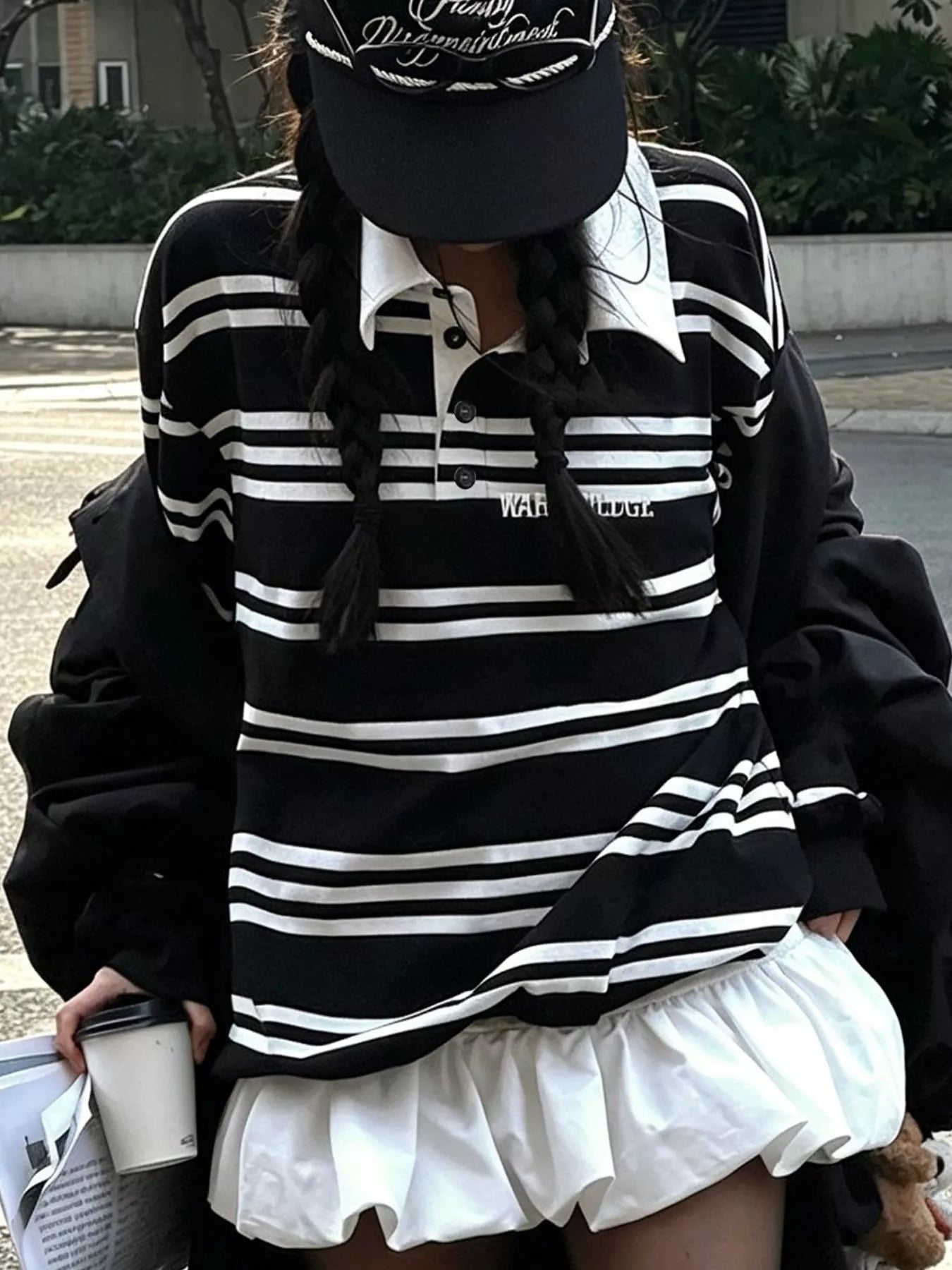 Trendsi Oversized Striped Contrast Collar Polo Top -