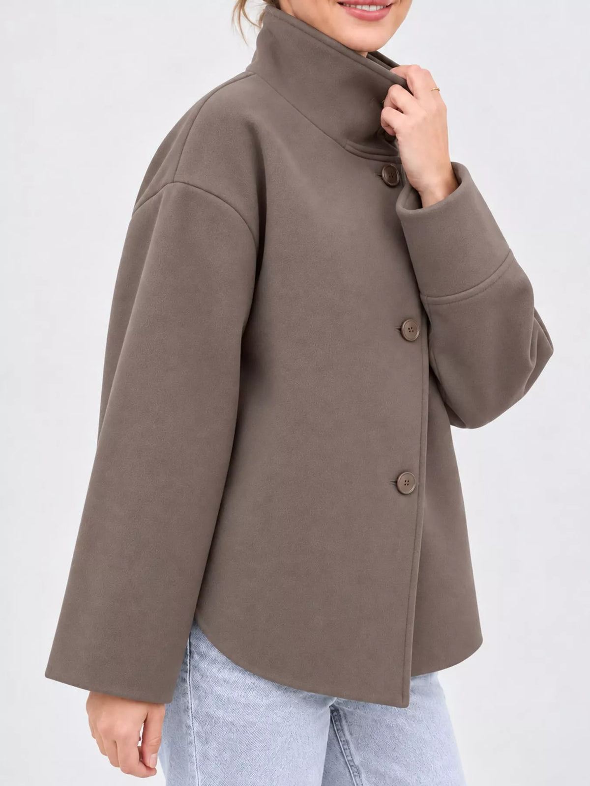 Camel stand-collar button-up jacket