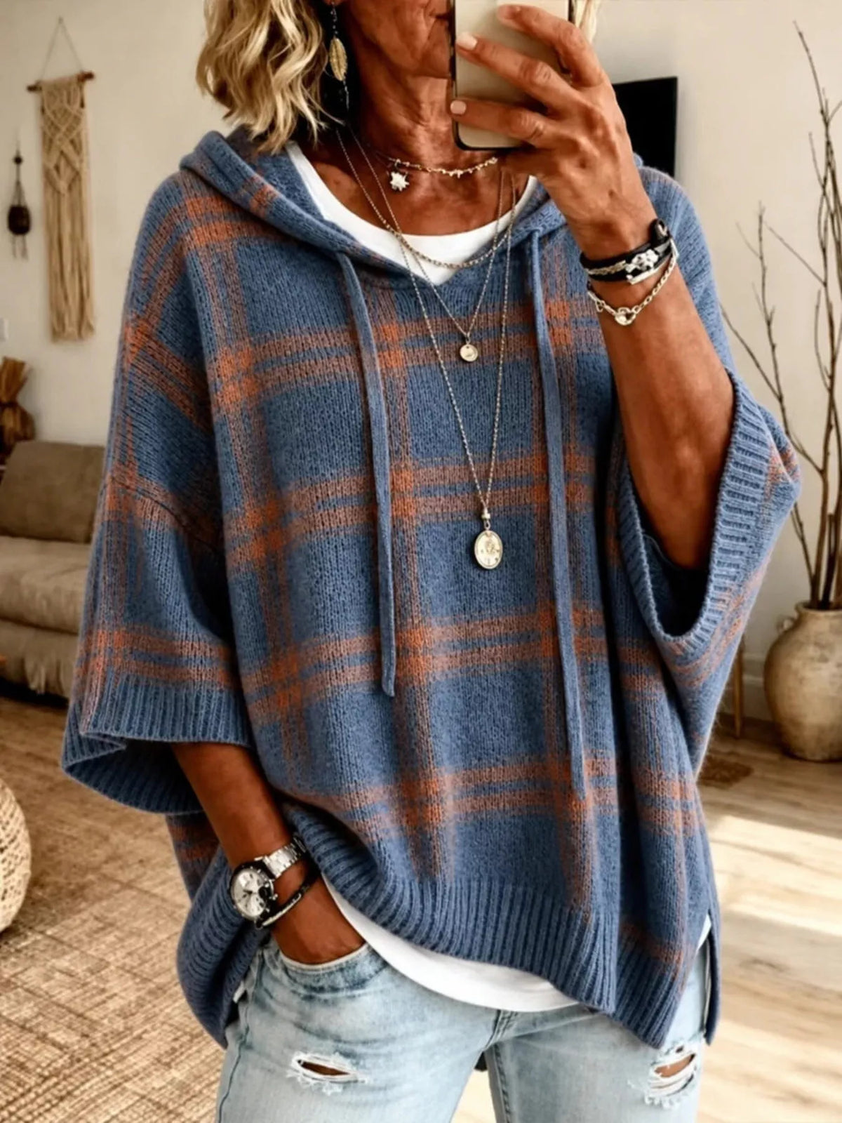 Blue plaid hooded sweater, front mirror view