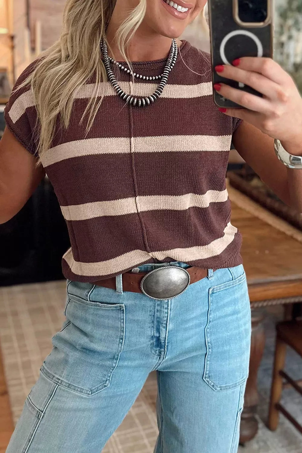 Trendsi Stripe Knit Western Short Sleeve Sweater -