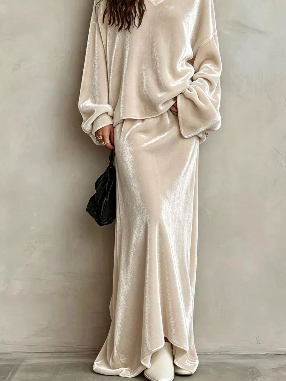 V-Neck Velvet Long Sleeve Top and Maxi Skirt Two-Piece Set in beige, skirt detail
