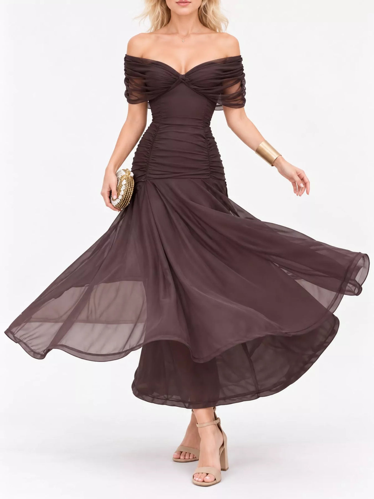 Brown off shoulder ruched tulle evening dress, front view