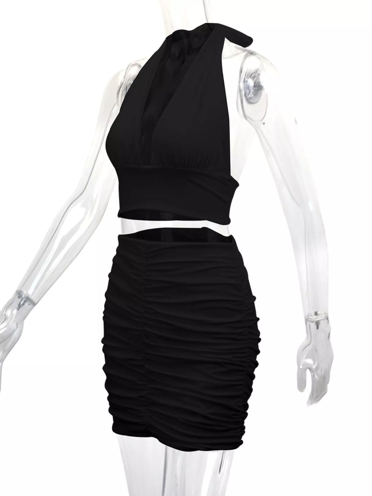 Black halter crop top and ruched bodycon mini skirt set, side view