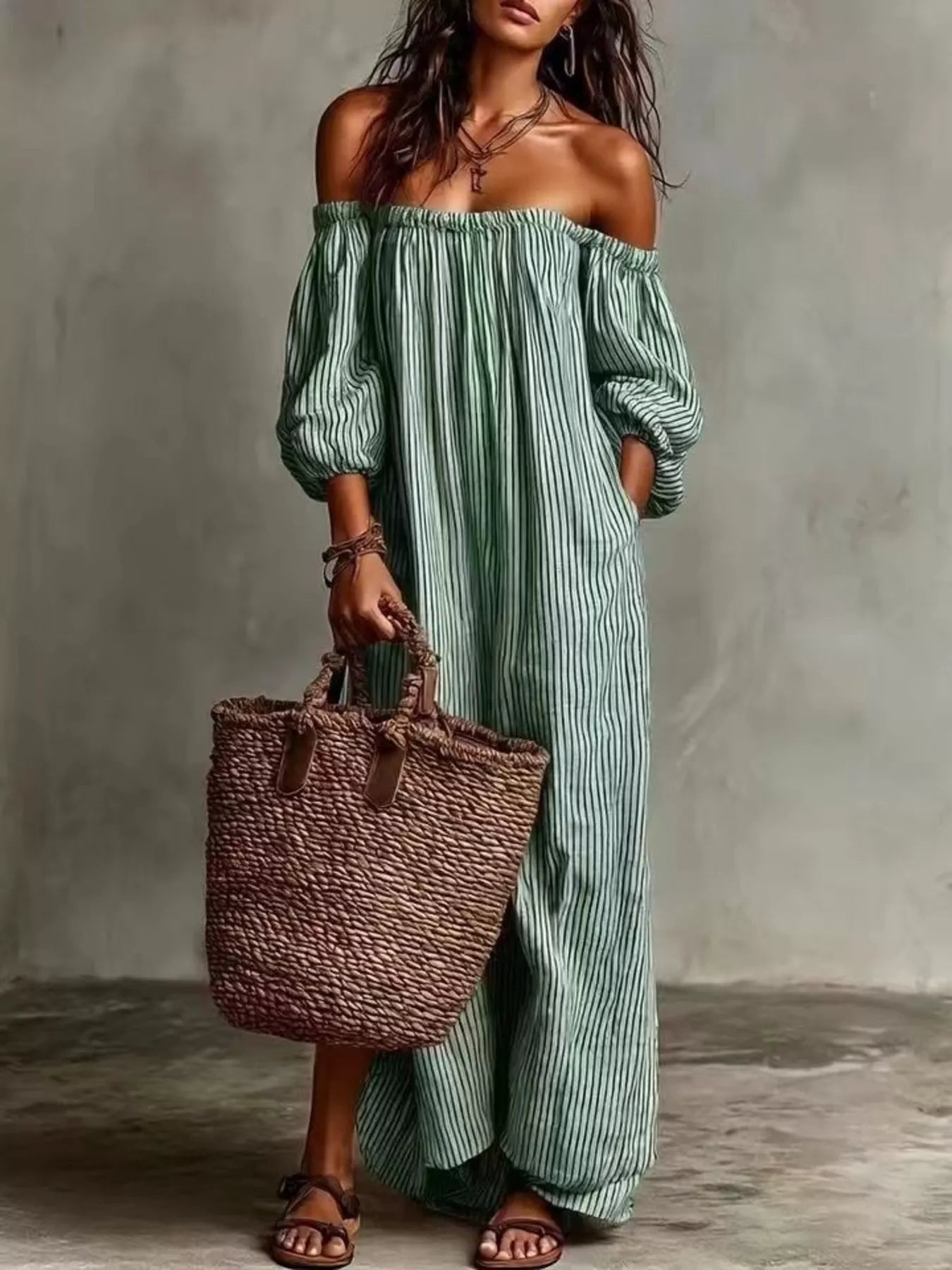 Trendsi Full Size Off-Shoulder Striped Maxi Dress with Puff Sleeves Plus Size -