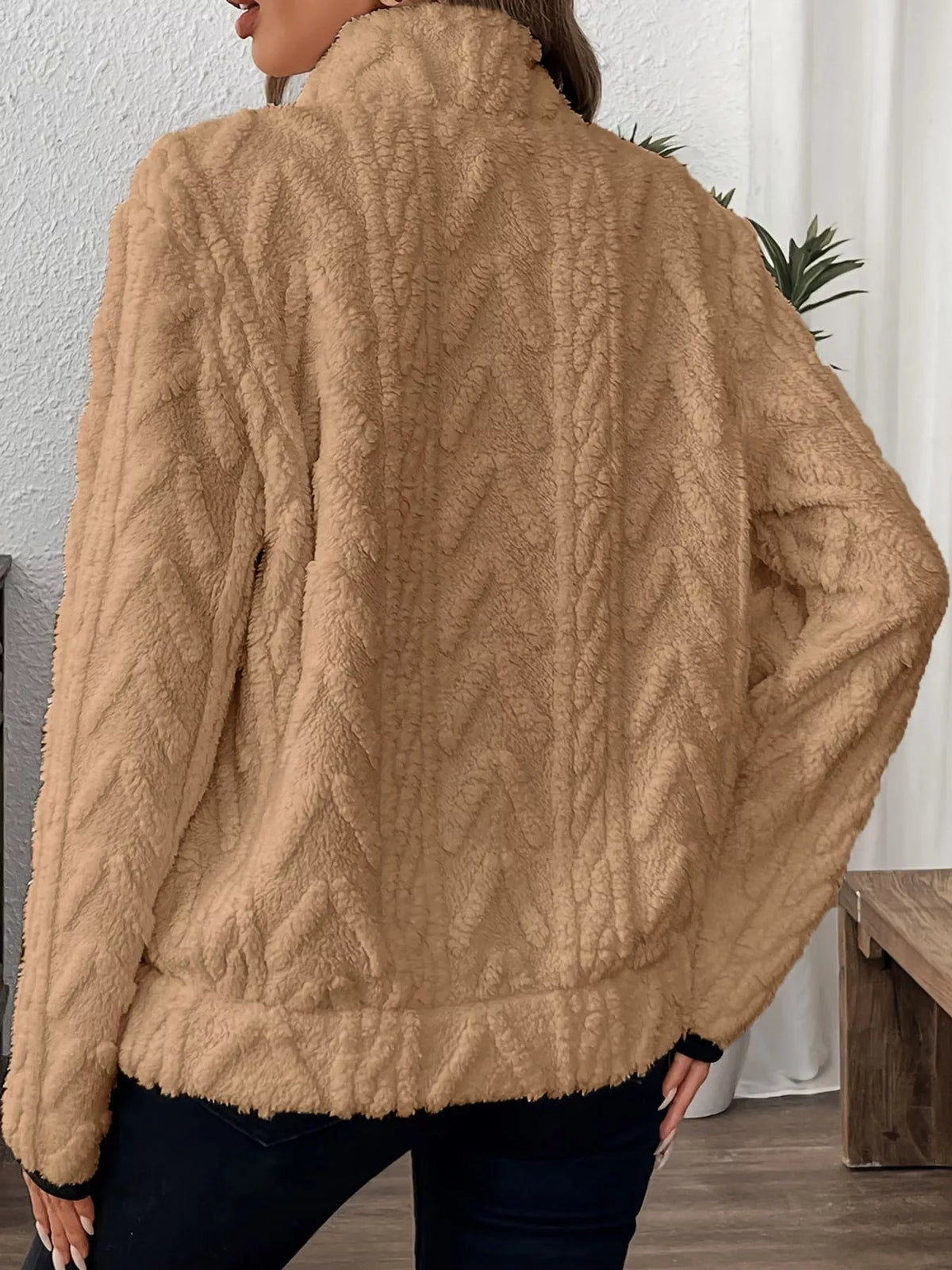 Women's Quarter-Zip Sherpa Sweatshirt in camel — back view