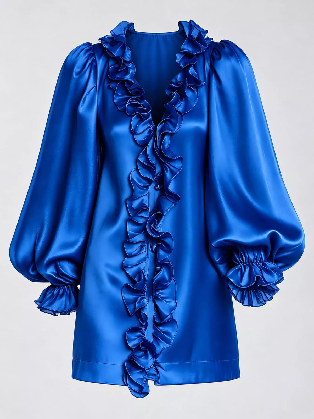 Ruffle Trim Puff Sleeve Mini Dress in royal blue, front view