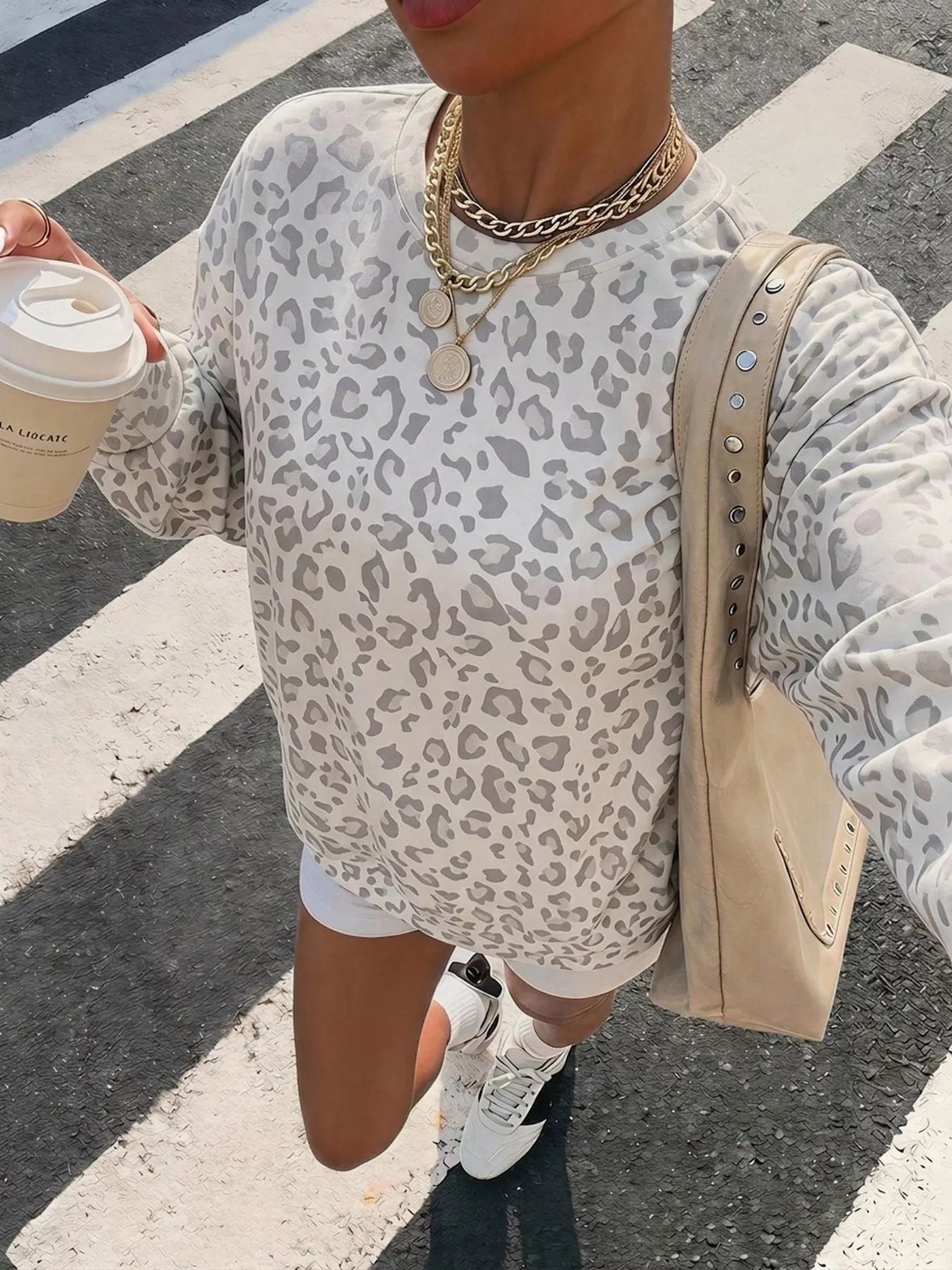 Trendsi Leopard Print Crew Neck Sweatshirt -