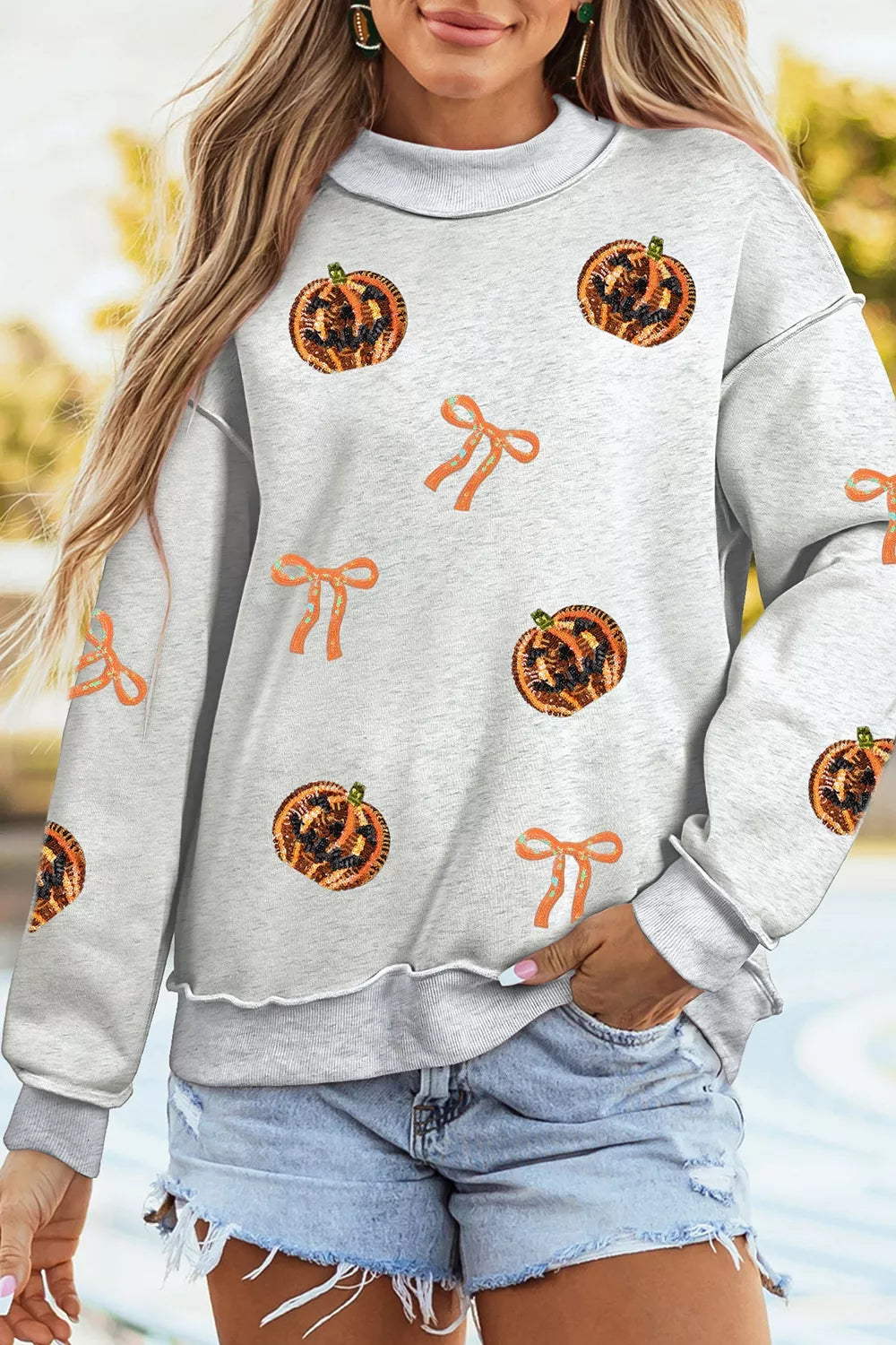Women's light gray sequin pumpkin bow Halloween sweatshirt