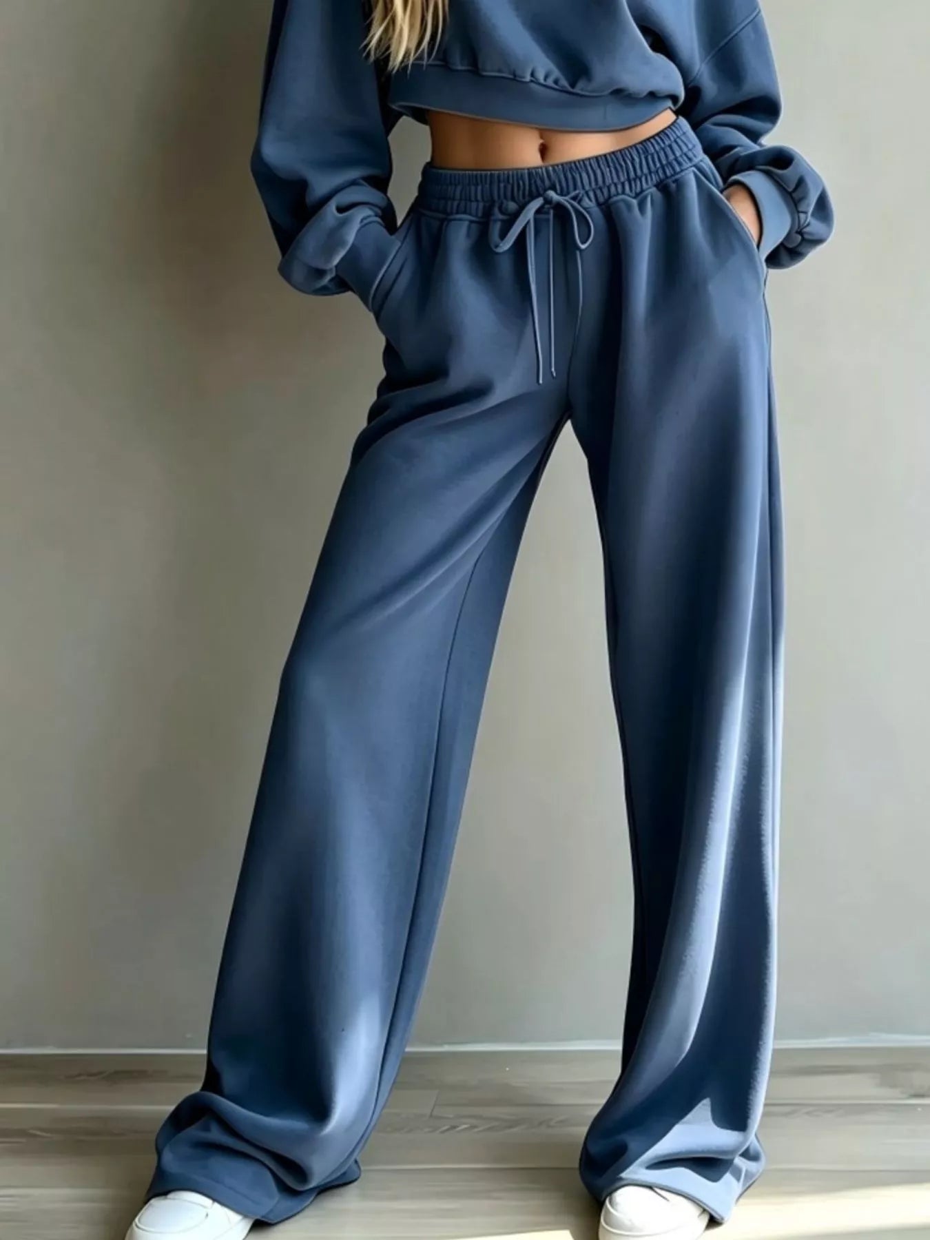 Trendsi Round Neck Cropped Sweatshirt and Wide-Leg Pants Set -