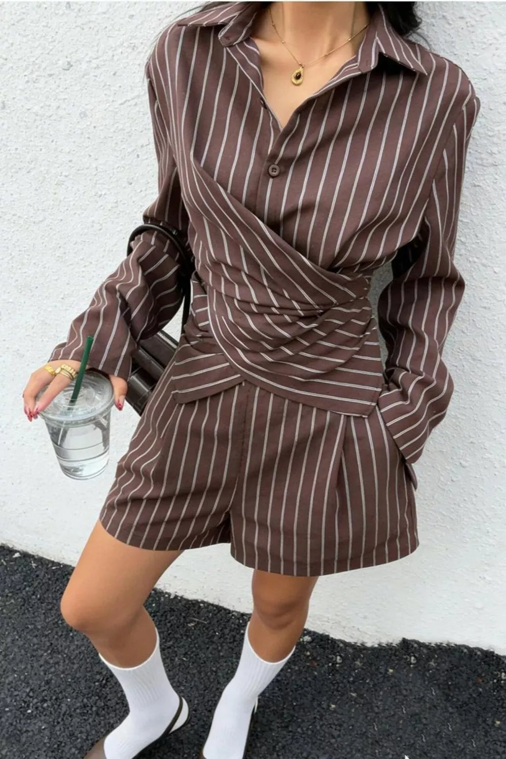 Trendsi Striped Long-Sleeve Wrap Shirt and Shorts Two-Piece Set -