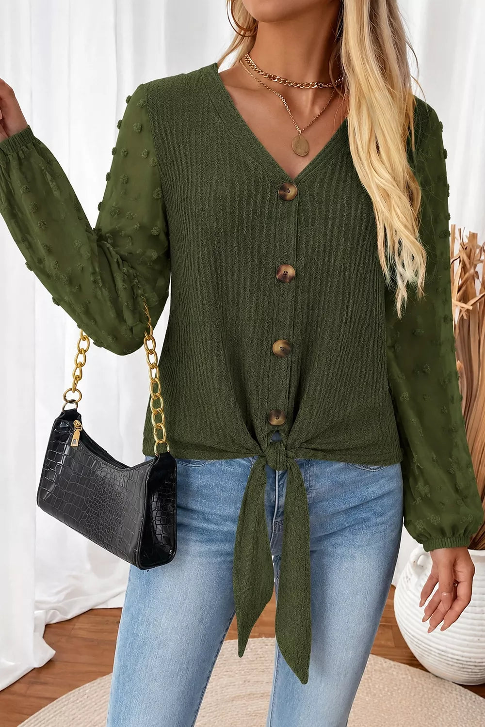 Women's Swiss Dot Long Sleeve Button-Down Shirt in Dark Green, front view