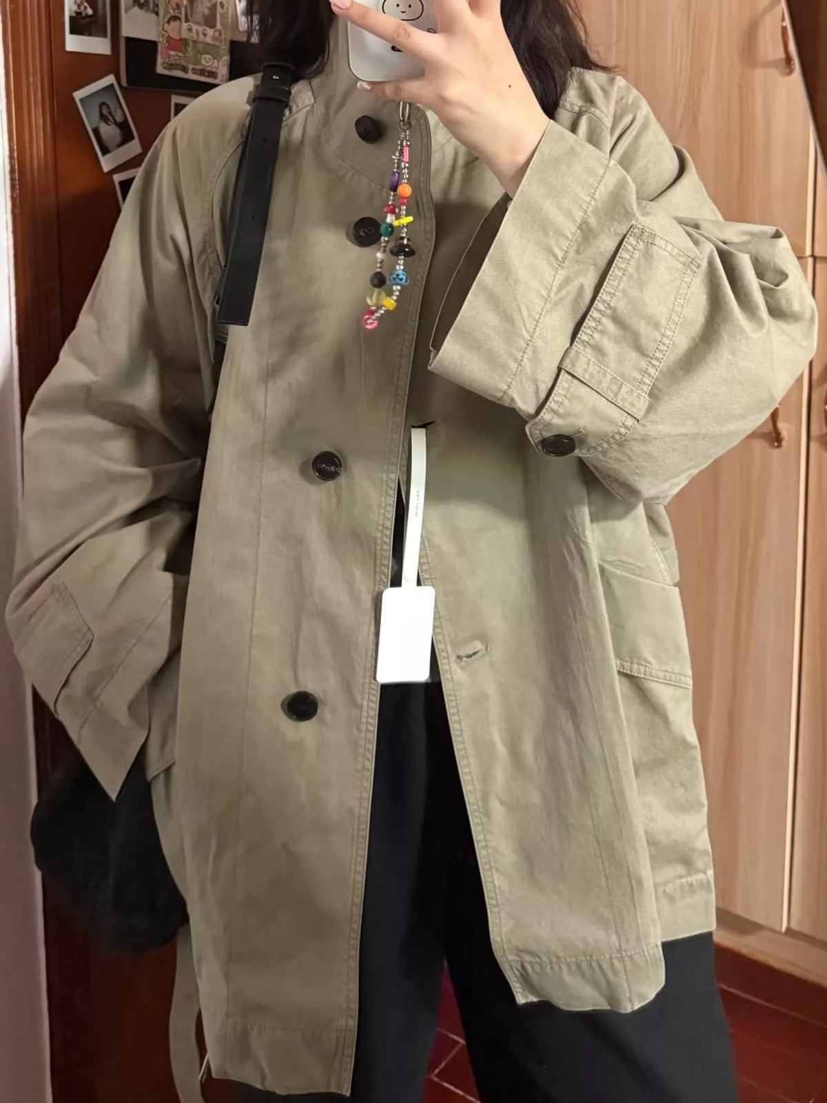 Vintage Style Stand-Collar Belted Utility Jacket in khaki
