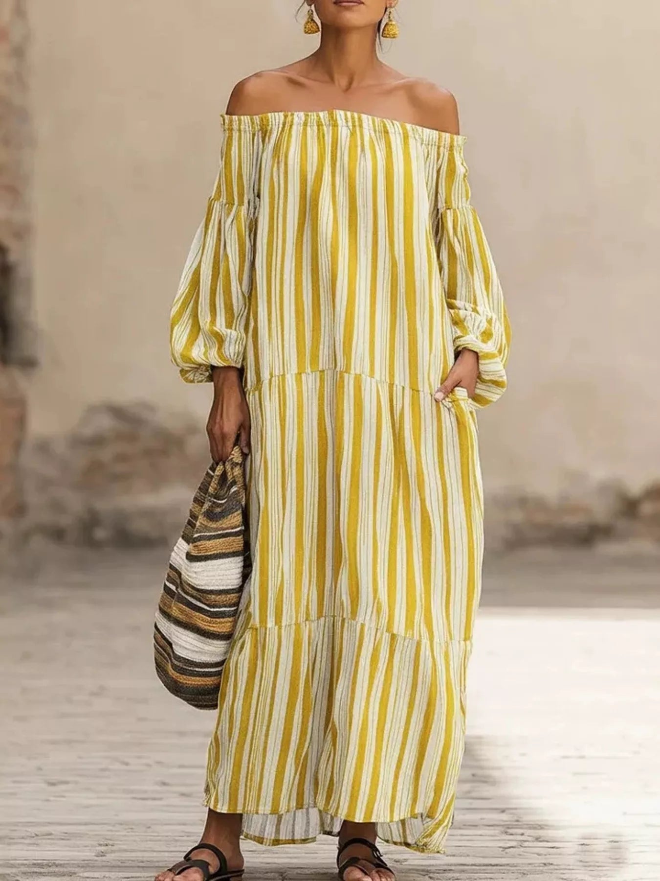 Trendsi Off-Shoulder Striped Maxi Dress -