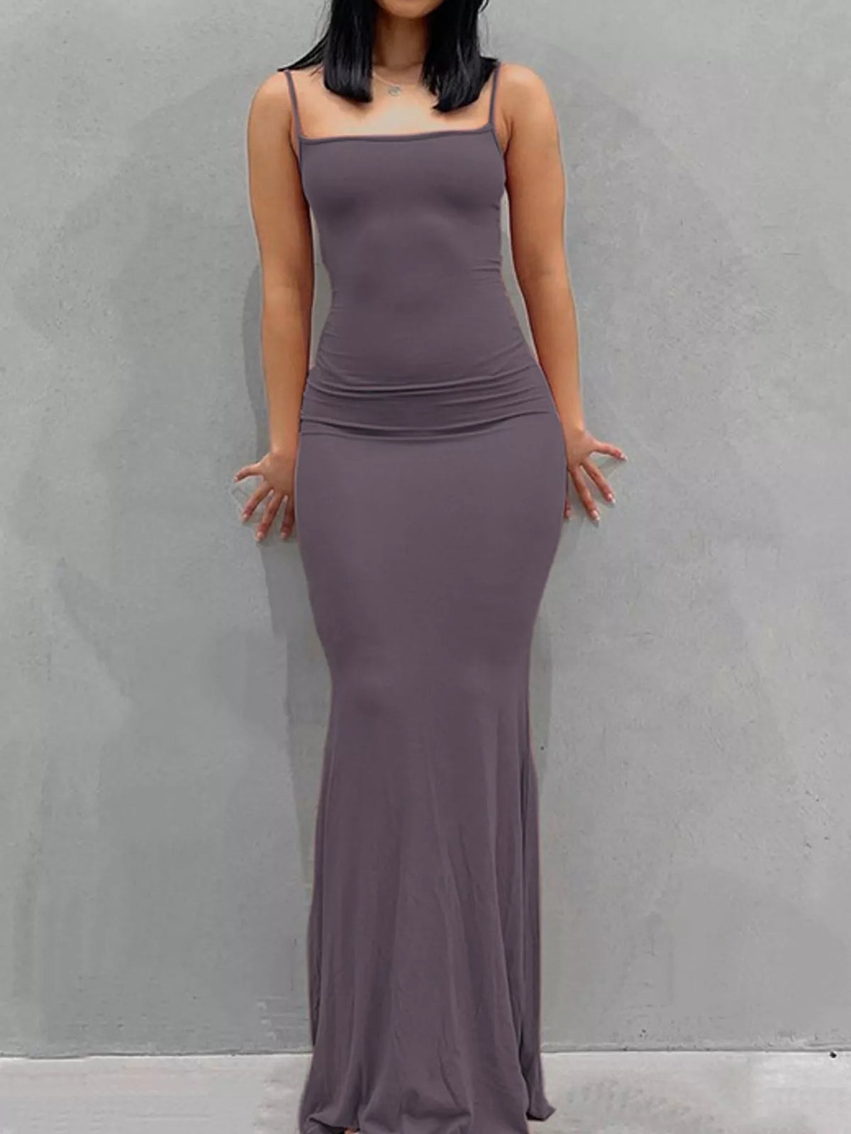 Square neck spaghetti-strap maxi dress, front view on model