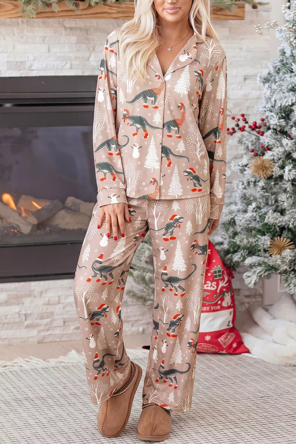 Christmas Dinosaur Print Lounge Top and Pants Set, front view