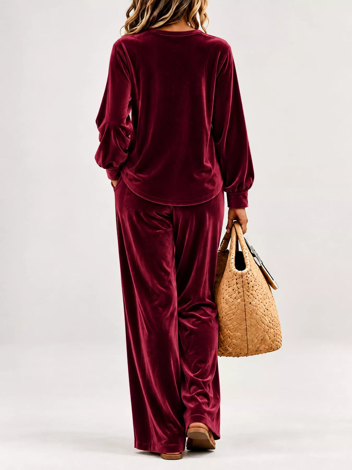Burgundy decorative button top and pants set — back view