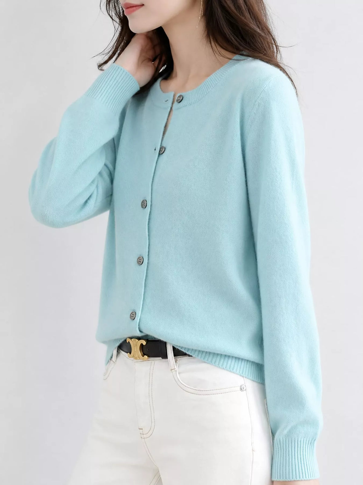 Button-down cardigan, light blue side
