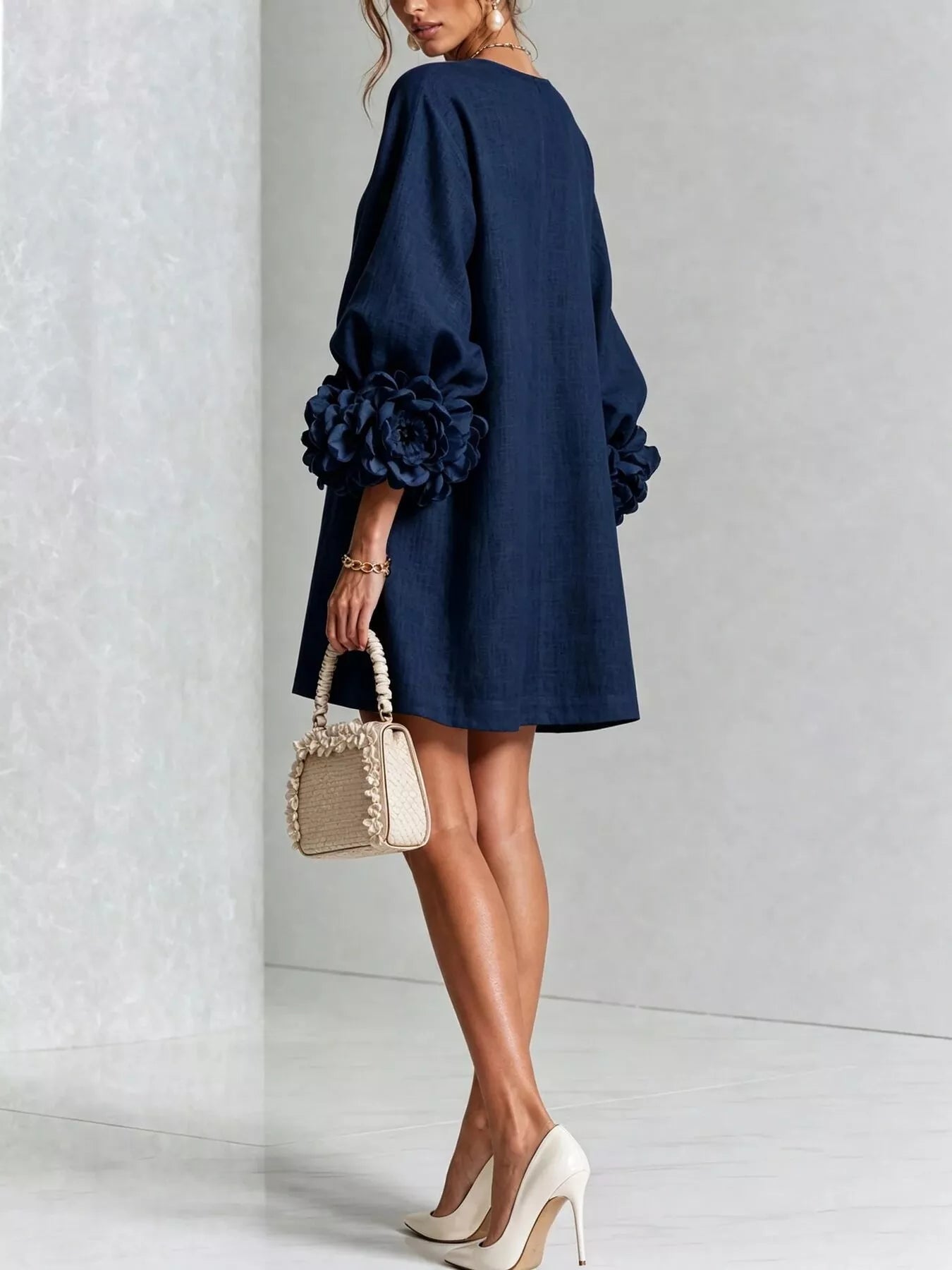 Trendsi 3D Floral 3/4 Sleeve Mini Dress -