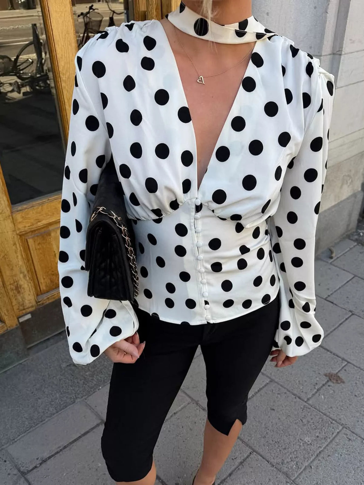 Polka Dot Balloon Sleeve Blouse in white, front view