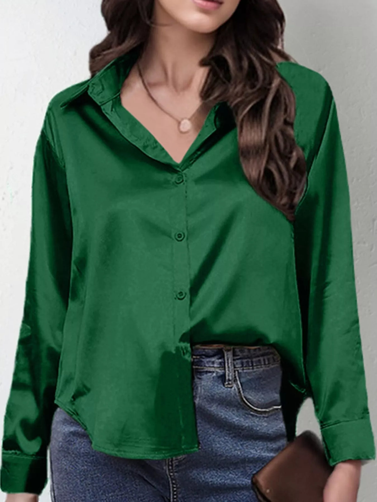 Dark Green satin button-down long sleeve shirt