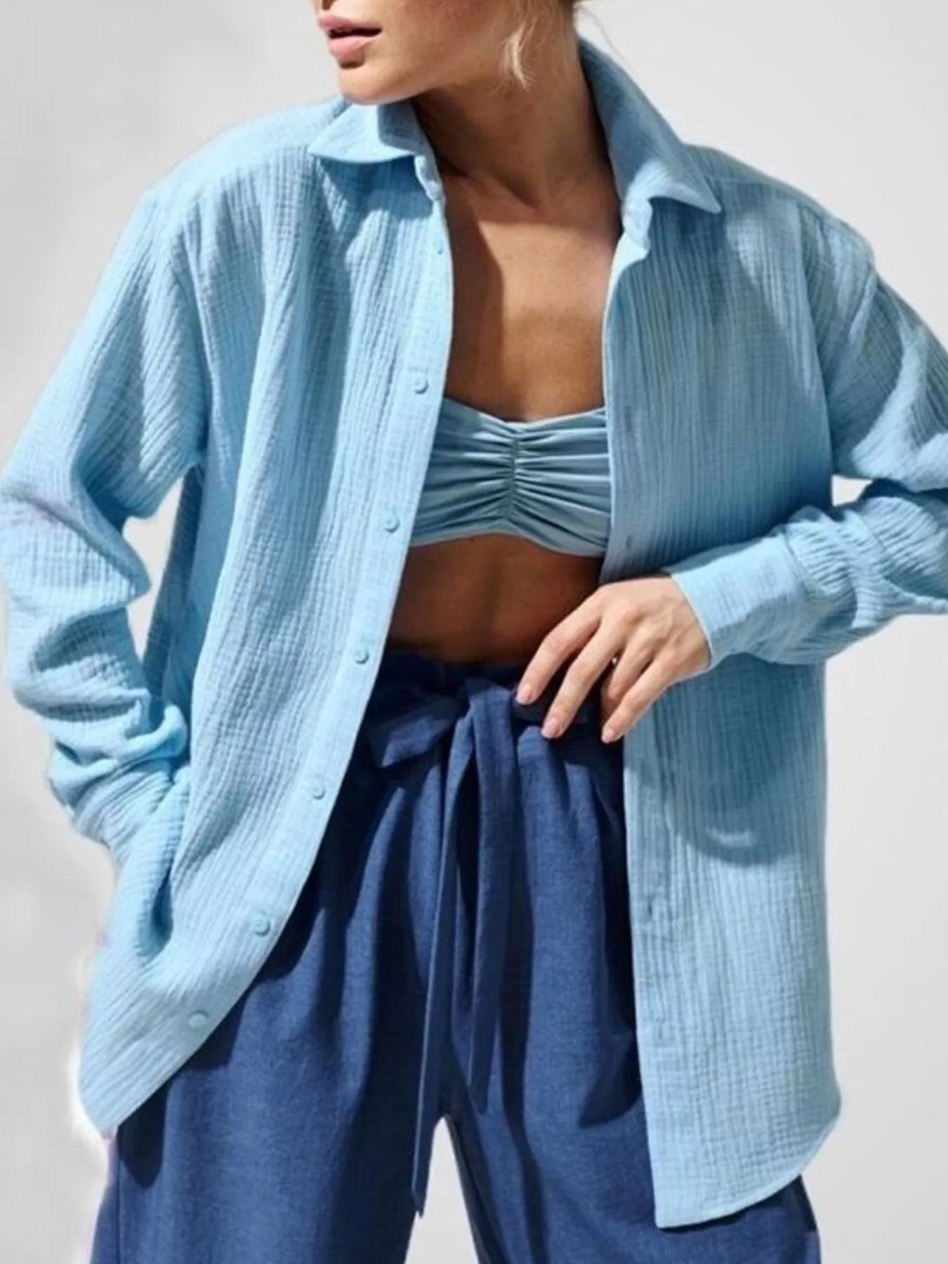 Trendsi Textured Gauze Button-Down Shirt -