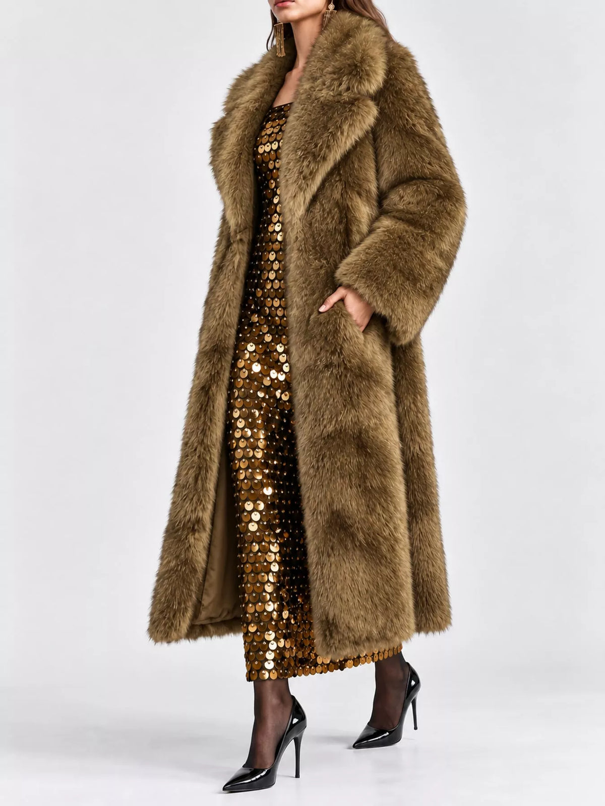 Faux Fur Longline Coat in brown