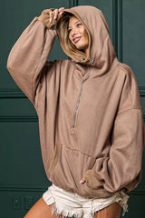 Trendsi BiBi Stitch Detailed Elastic Hem Half Zip Fleece Hoodie -