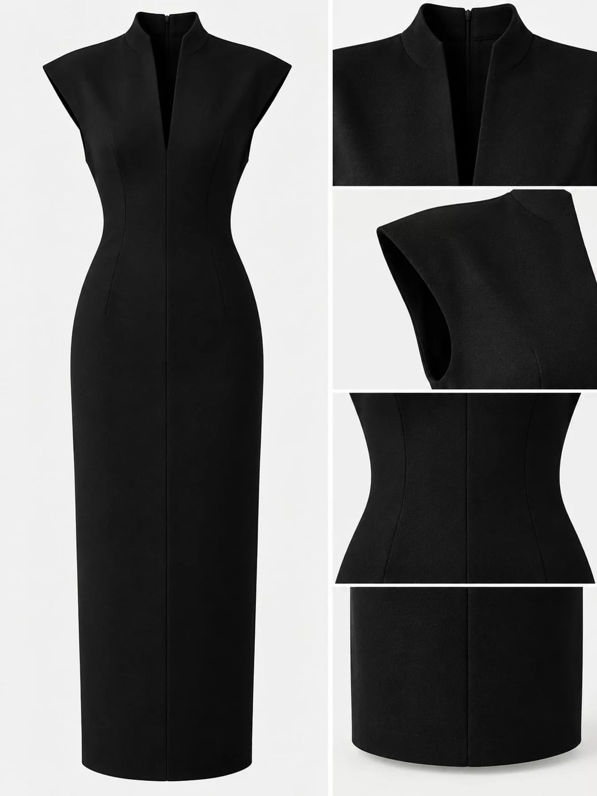 Women's Slit Sleeveless Bodycon Midi Dress in black — detail collage view